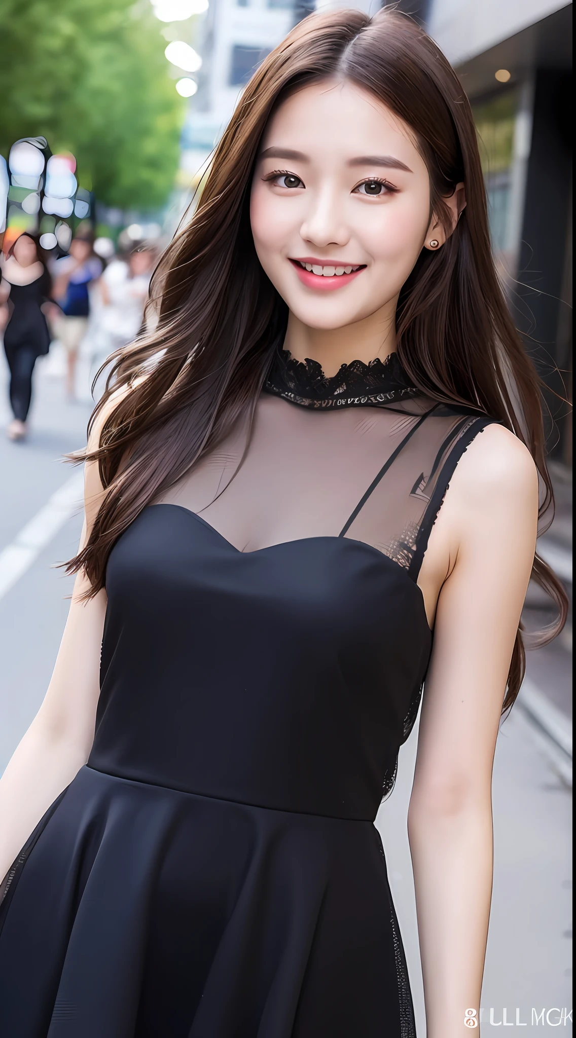 ((Best quality, 8k, Masterpiece :1.3)), 1girl, smiling, full body, slim face, Pretty woman, (Dark brown hair), full length dress :1.1, Ultra-detailed face, Detailed eyes, Double eyelid, blur background, slim face, city, outside, street,