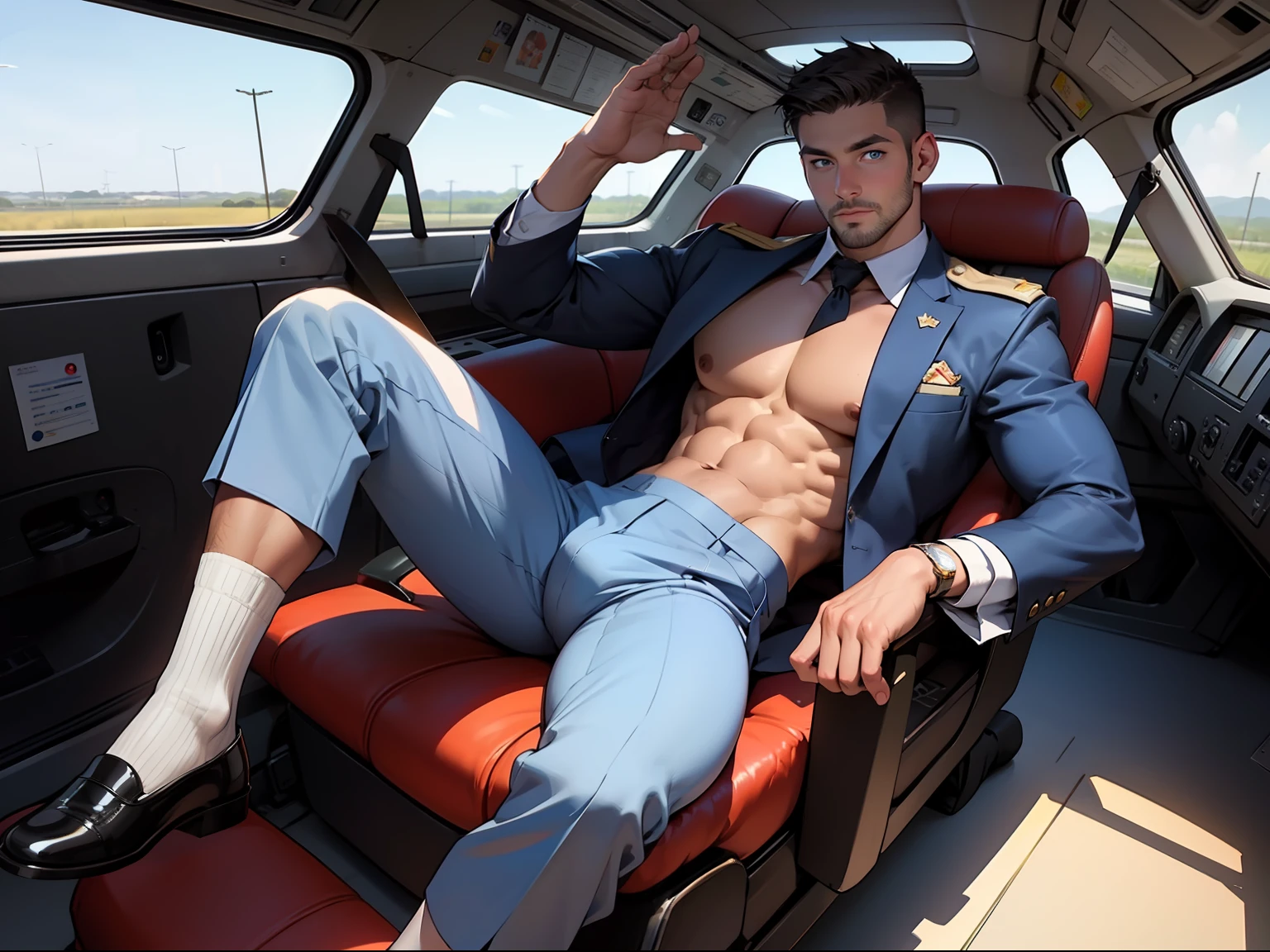 masterpiece, best quality, face, natural eyes, 1man, solo, big feet, black socks, full body, (in suits), large bulge, long legs, looking at viewer, 30 years old, muscled and mature, pilot, pilot in uniform, short haircut, blue eyes, topless, shirtless, open chest, eight-pack abs, sexy,