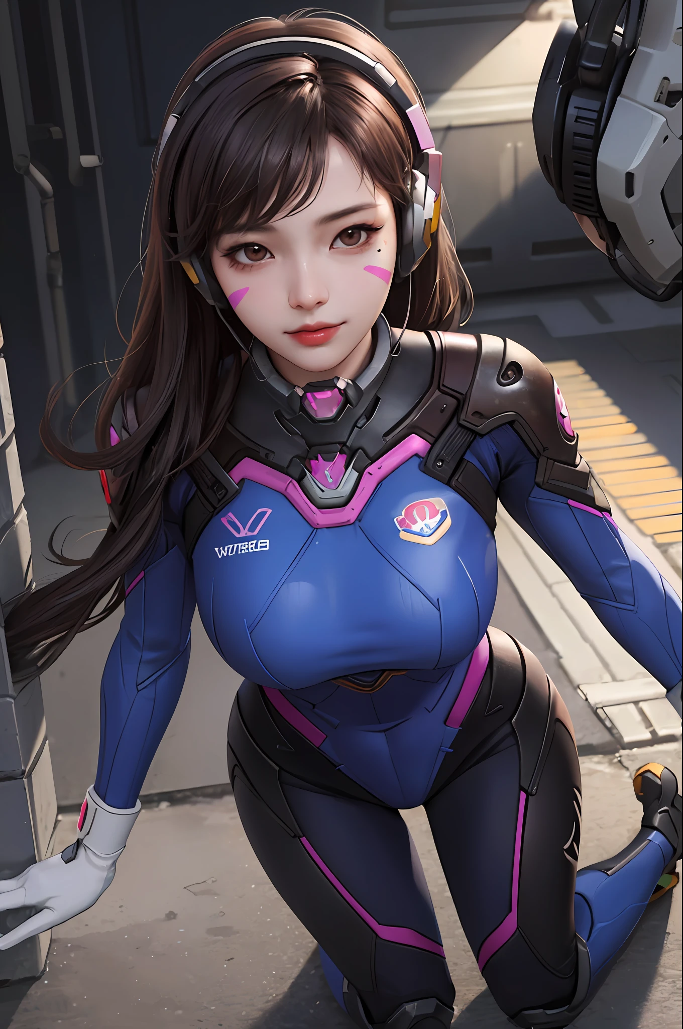 masterpiece, raw, realistic, high-resolution, (detailed), (photograpy), (photorealistic), (wide_shot:1.2), full_body, 1girl, solo focus, long hair, d.va (overwatch), brown hair, bodysuit, facial mark, whisker markings, seductive smile, large breasts, headphones, gloves(kbxll:1), ulzzang-6500, (korean mixed, kpop idol), (overwatch background), (she is captured and sexually abused by her enemies:1.4)