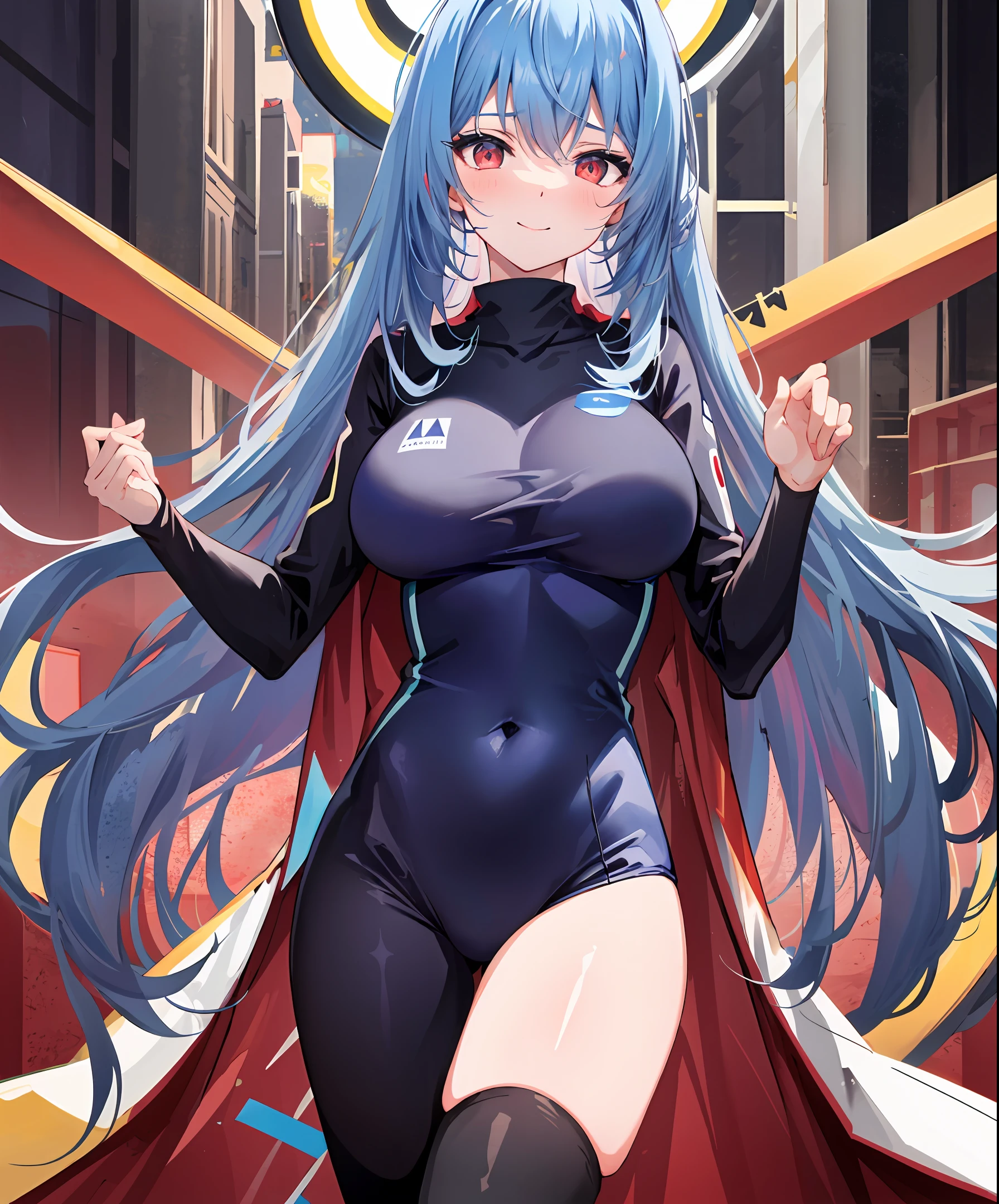 Medium-long blue hair，is shy，red color eyes，Blue clothes，swim wears，quadratic element，ssmile，Raised sexy，Height 169 cm，full bodyesbian，ren，anime big breast