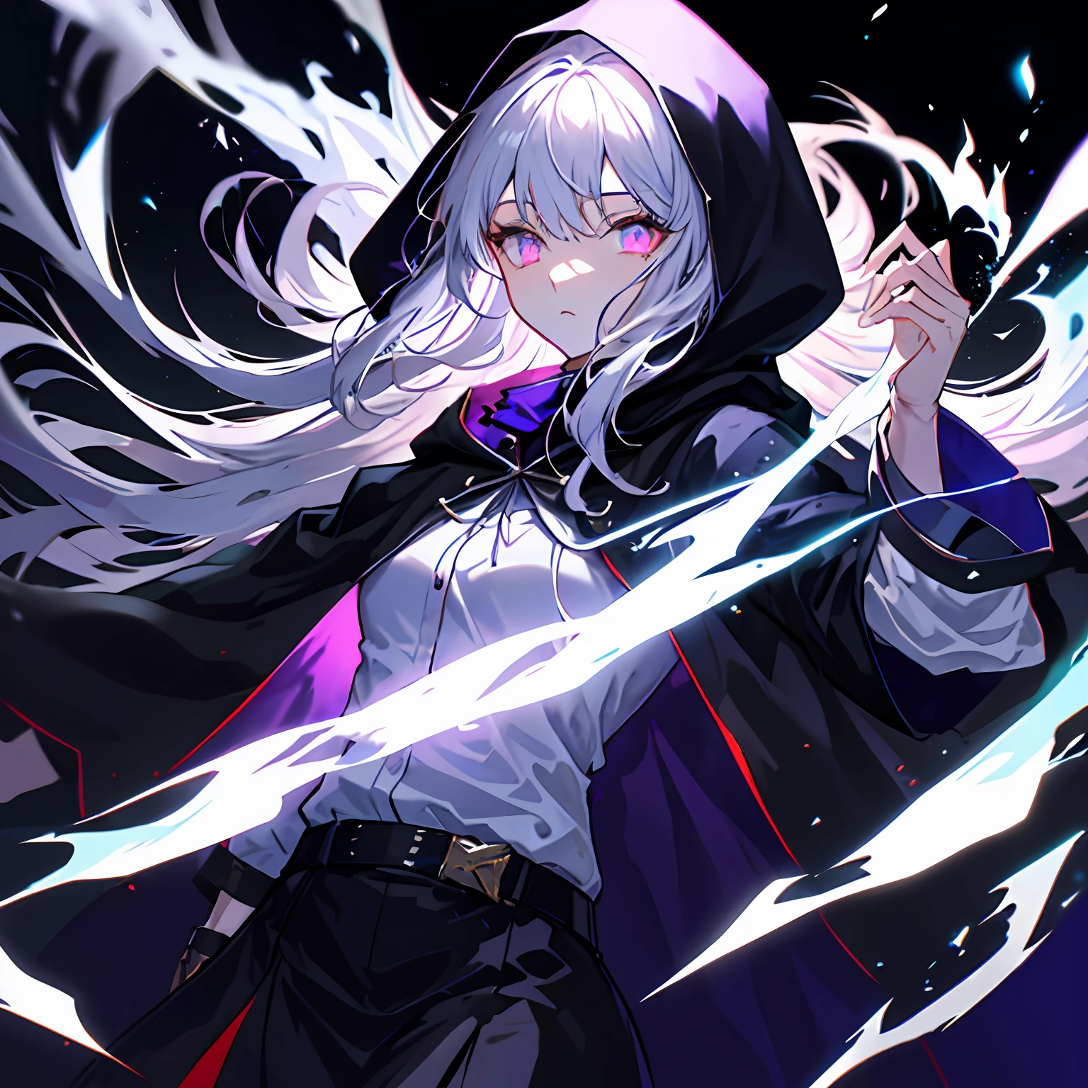 godlike anime character with hood and cape with glowing divine white eyes, cloaked, dark cape, with glowing eyes, dark robed, black robes with purple outline, white divine hair underneath hood, obscured face, a godlike being with impossible power, dynamic lighting, intense lighting