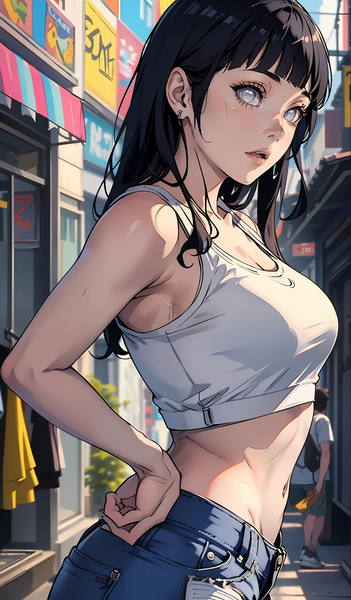 Hinata Hyuga, muito sensual, com roupas de funkeira Lacoste, Oakley Juliet, brasileira, na cidade do rio de janeiro, Brasil, dancing funk, rebolando, bunda grande, pernas grossas, usando um short jeans extremamente curto, showing a piece of ass, Micro Short Curto, usando uma mini blusa, umbigo com pirsing, sneakers Nike, cabelo comprido, caixa de som JBL no fundo, favela no fundo, periferia no fundo, corpo inteiro, muito realista, extremamente Realista, extremamente sexy, 8k, 8k extremamente detalhado), (um extremamente delicado e bonito), (obra-prima), (melhor qualidade: 1.0), (ultra highres:1.0)