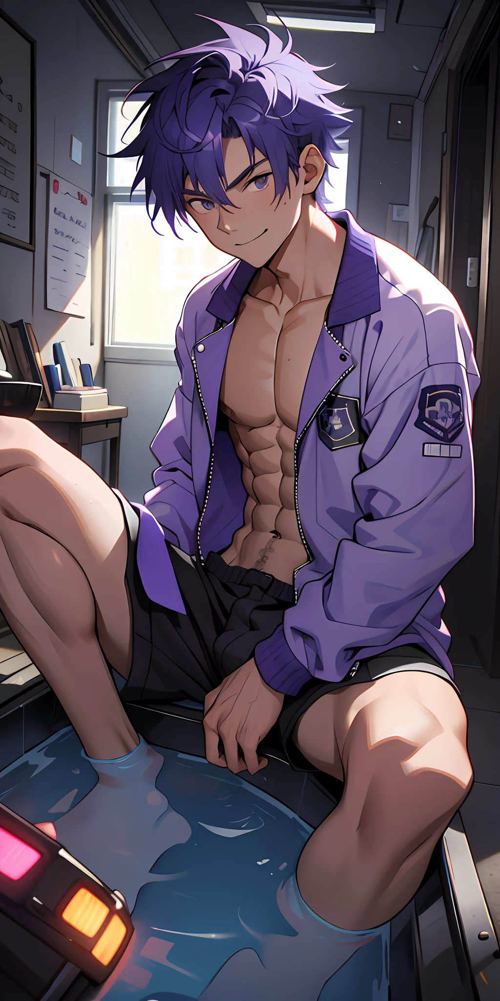 (masterpiece, best quality), 1boy, younge boy,is shy,ssmile,musculous, short blue-purple hair, Dark gray eyes, 复杂, (Baths), full bodyesbian,nakeness, White briefs, Open blue-purple jacket, Pectoralis abdominal muscles,vivd colour,(depth of fields:1.2),(abs),Be red in the face,looking at viewert,A piano,spread their legs,neonlight,Colorful light effects,Fluorescent effects