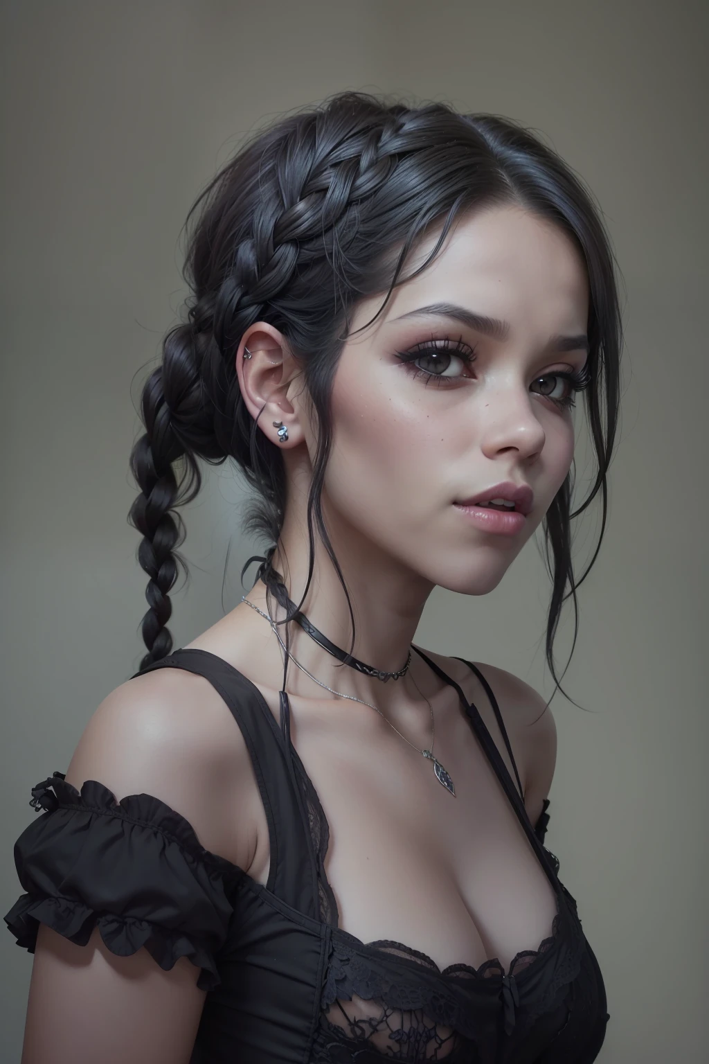 ((Jenna Ortega)), (sie steht in einer alten gotischen Kirche), ((she has small round breasts)), Gothic aesthetics, (Gothic-Style), ((dunkles Makeup)), ((black hair with two braids)), (kleiner Kopf), ((detailliertes Gesicht)), Weiches filmisches Licht, ((((Kino-Look)))), (fotorealistisch), (Raytracing), (scharfer Fokus), ((natural realistic skin texture)), detailliertes Gesicht, detaillierte Lippen, detaillierte Augen, doppeltes Augenlid