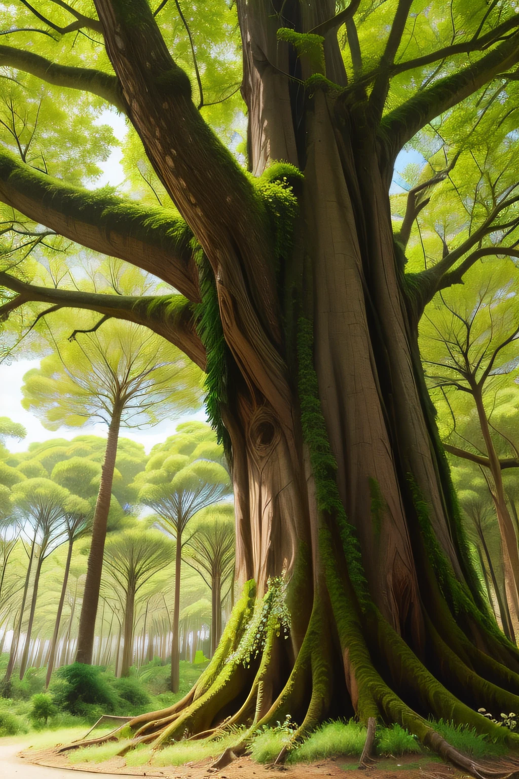 uma floresta com uma arvore gigante no centro da imagem