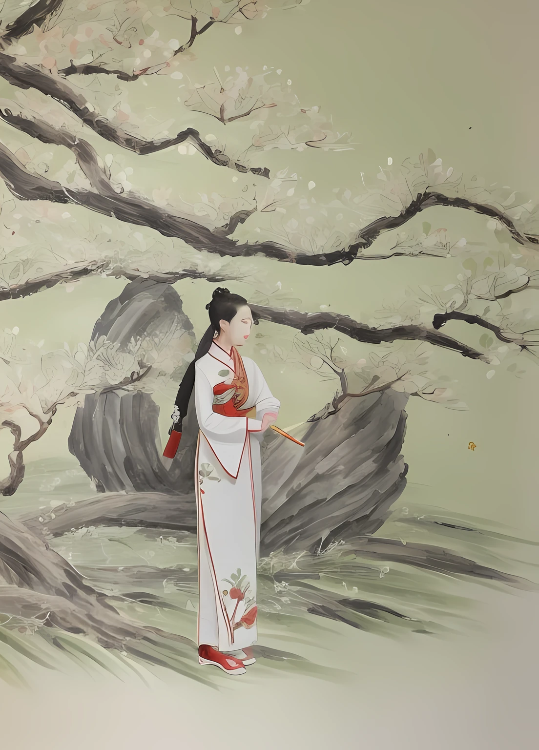 Painting a woman dressed in traditional Chinese dress standing under a tree, Traditional Chinese painting, Inspired by Qiu Ying, ancient chinese beauti, Chinese style painting, Traditional Chinese art, inspired by Yun-Fei Ji, Chinese painting, inspired by Tang Yin, old chines painting, Chinese art, inspired by Wang Yuanqi, inspired by Yun Shouping