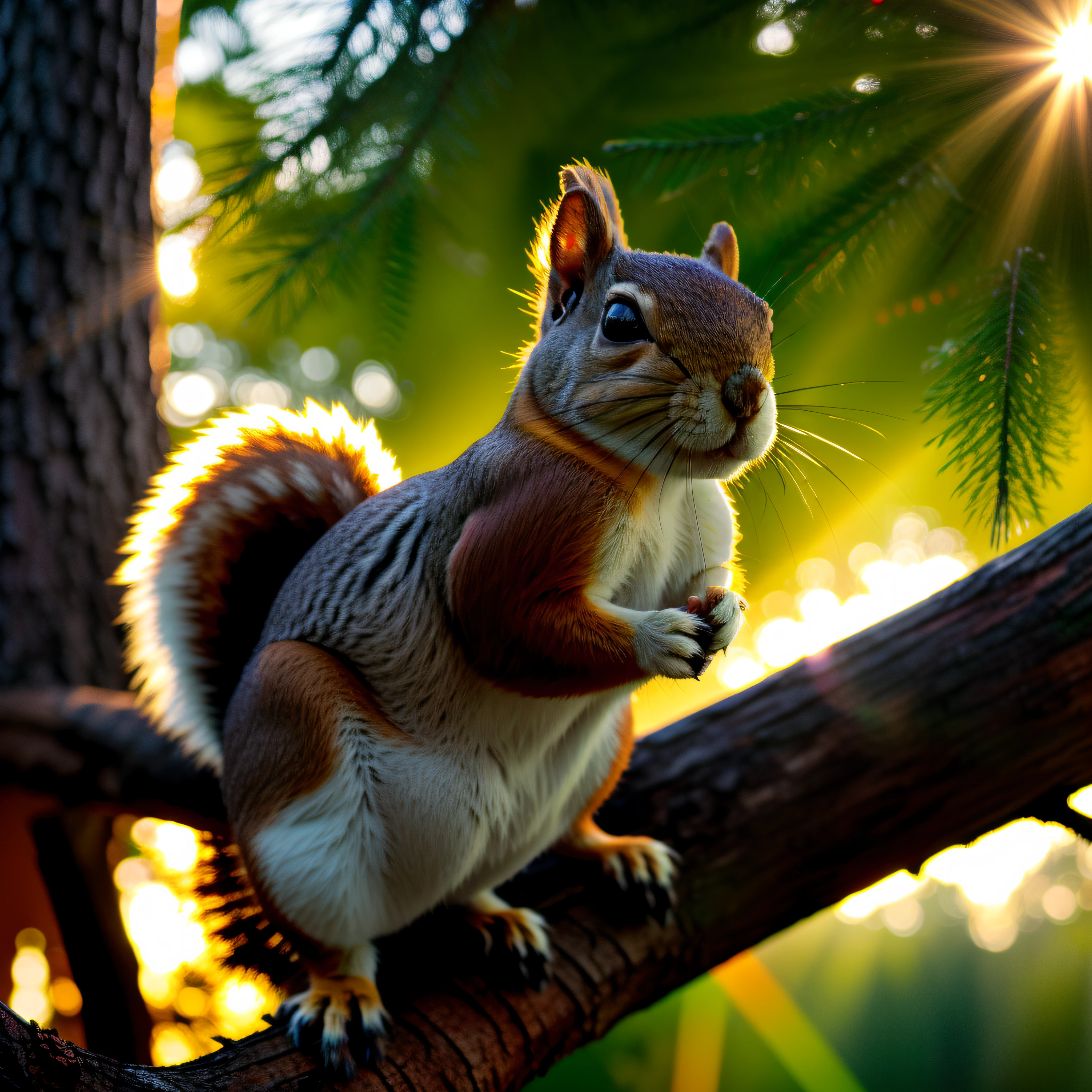 squirrel on a fir branch, eating a nut with a rainbow and a sunset, reflection light, Nikon, 35mm, Fujifilm, Fujicolor, god rays, lens flare, 8k, super detail, ccurate, best quality, award winning