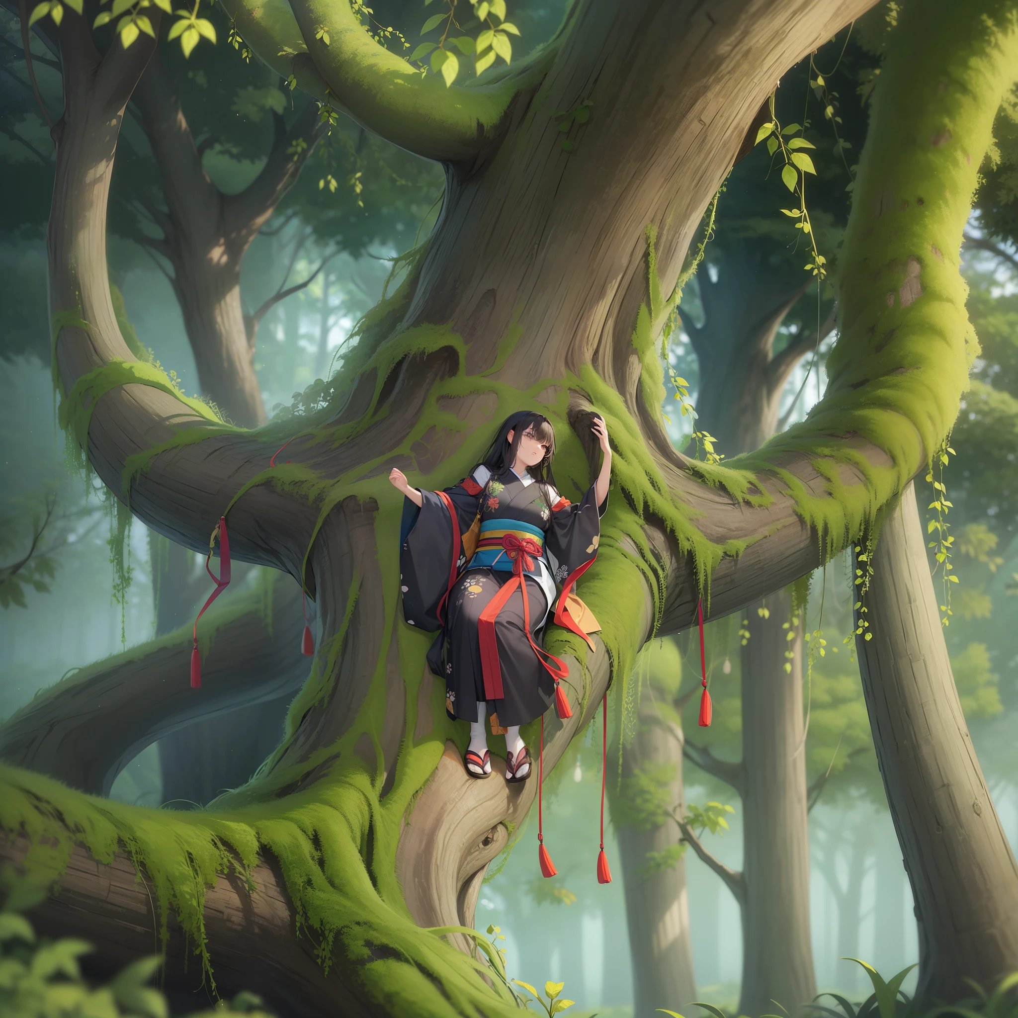 In the middle of a deep forest, A big tree, Man embedded in an unnatural tree, Man entangled in ivy, Twist Arm, Twisted body, Swirling body, Deep in the forest, Assimilate with nature, Japanese, Whole body, Faithful reproduction of a real human being, Very realistic, High quality, 8k resolution Photorealistic masterpiece