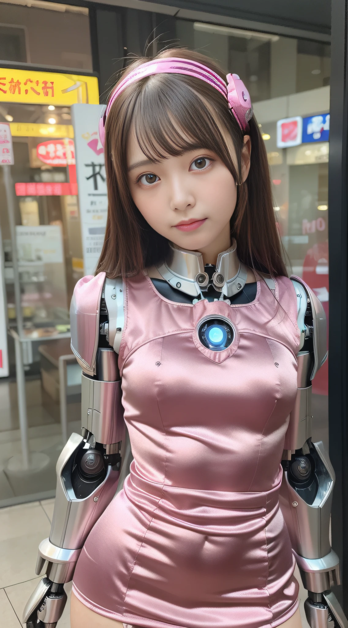 (Photorealsitic:1.4)、Onegirl、(top-quality),(hyperdetailed face)、(Super well-formed face)、((Robot Parts))、(Cyborg girl)、(Burgundy)、(Silver)、(metalic)、(fullllbody)、(Moe Pose)、(Slender body)、(tits out)、(Model body type)、(mecha exposure)、(akihabara)、(is looking at the camera)、(A dark-haired)、(９Head and body)、(a small face)、(Idol)、(front facing)、(is standing)、(Photo session)、(Looks sad)、(Cyborg girl in pink satin dress)、(sleeve less)、(a miniskirt)