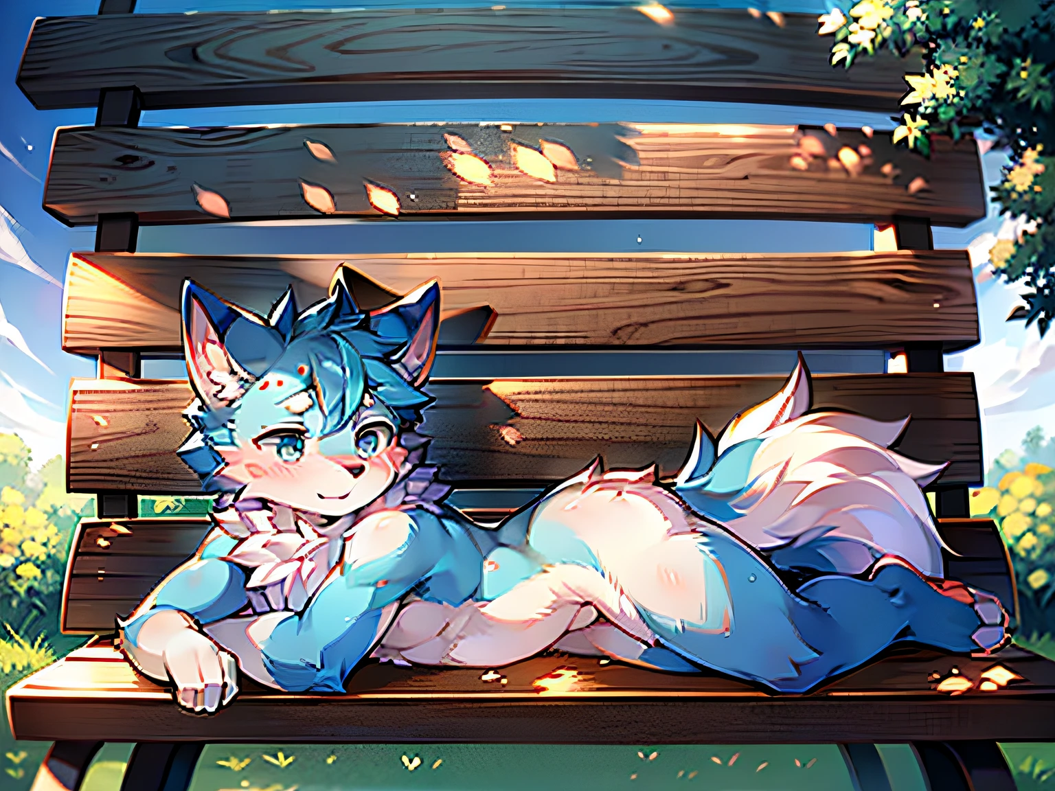 A furry lying on a bench,10years old,White fur,Blue pattern,furry tail,is shy。