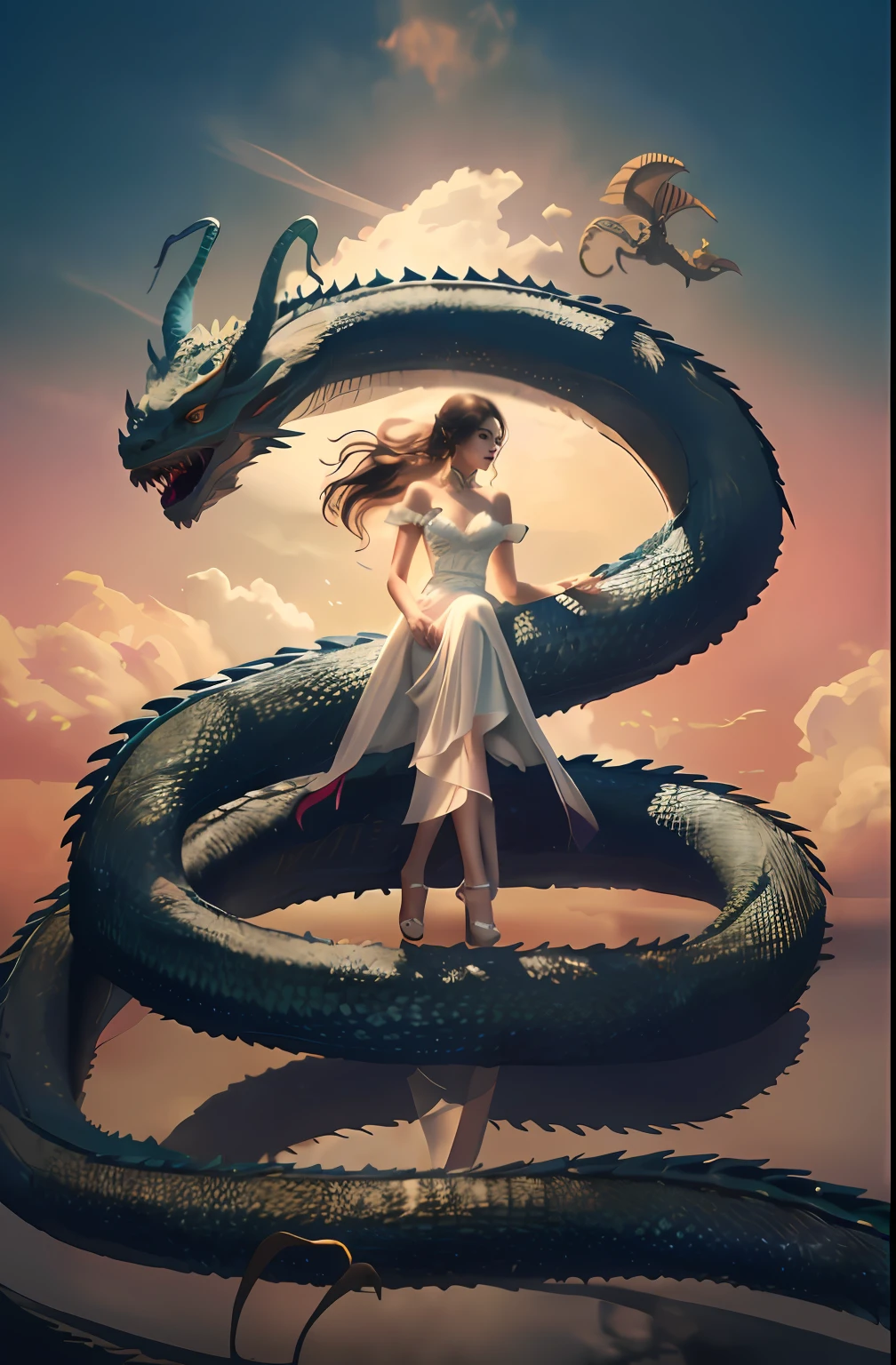 dragon_real, (extremely detailed CG 8k wallpaper, masterpiece, best quality, ultra detailed, beautiful detailed eyes: 1.2), best lighting, (best shadow, extremely delicate and beautiful bloom), the girl was surrounded by dragons, ( 1girl: 1.4), breasts, solo, full body, back tattoo, white dress, (dragon color: 1.4), bare leg, long dress