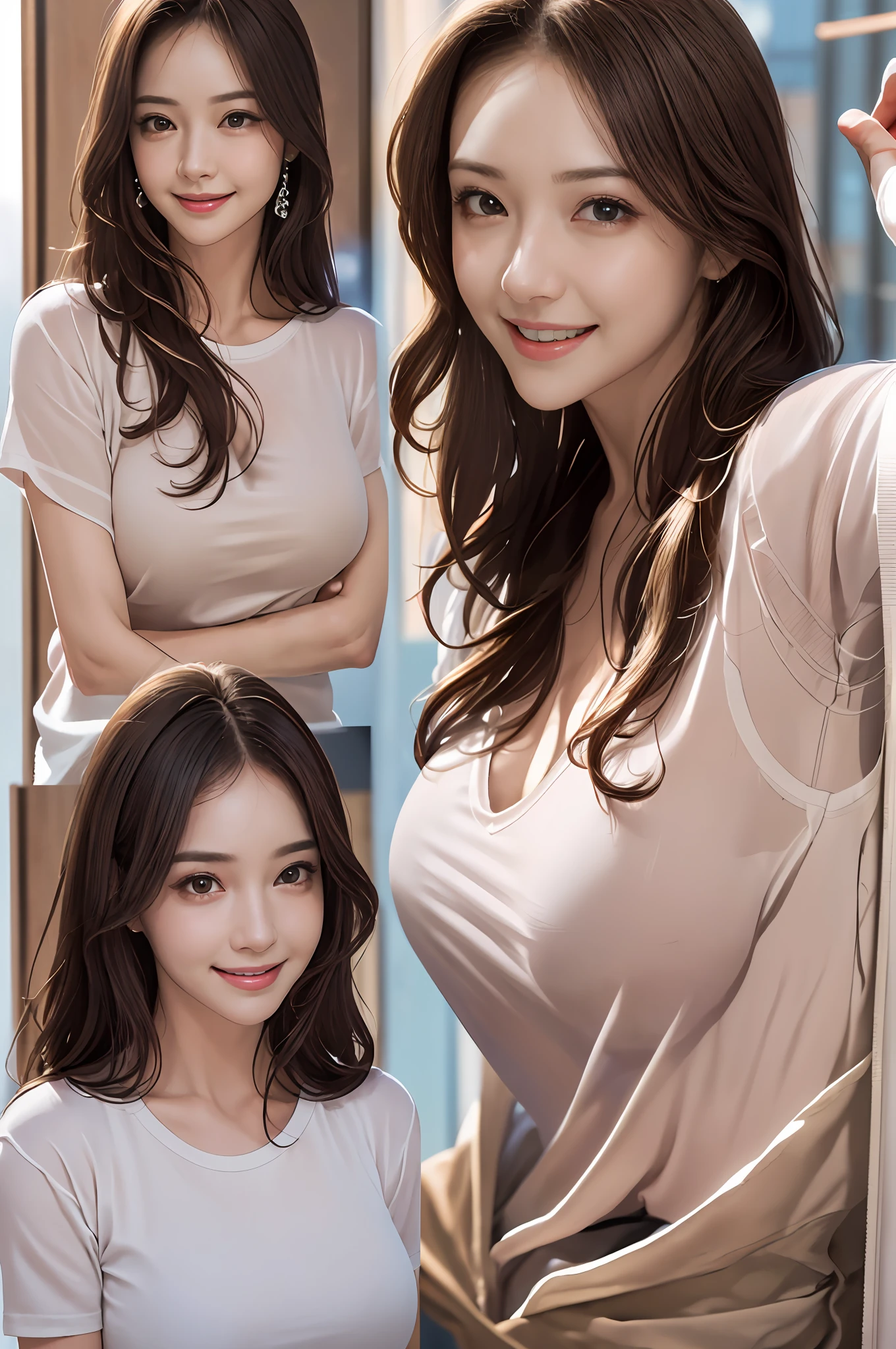 (Ultra Realistic), (Illustration), (High Resolution), (8K), (Very Detailed), (Best Illustration), (Beautiful Detailed Eyes), (Best Quality), (Ultra Detailed), (Masterpiece), (Wallpaper), (Detailed Face), Night, Upper Body Up,Armpits, Smile,Plump,Solo,Simple White T-Shirt Girl, Sweaty, Japan Person, Big, (Camel Toe)