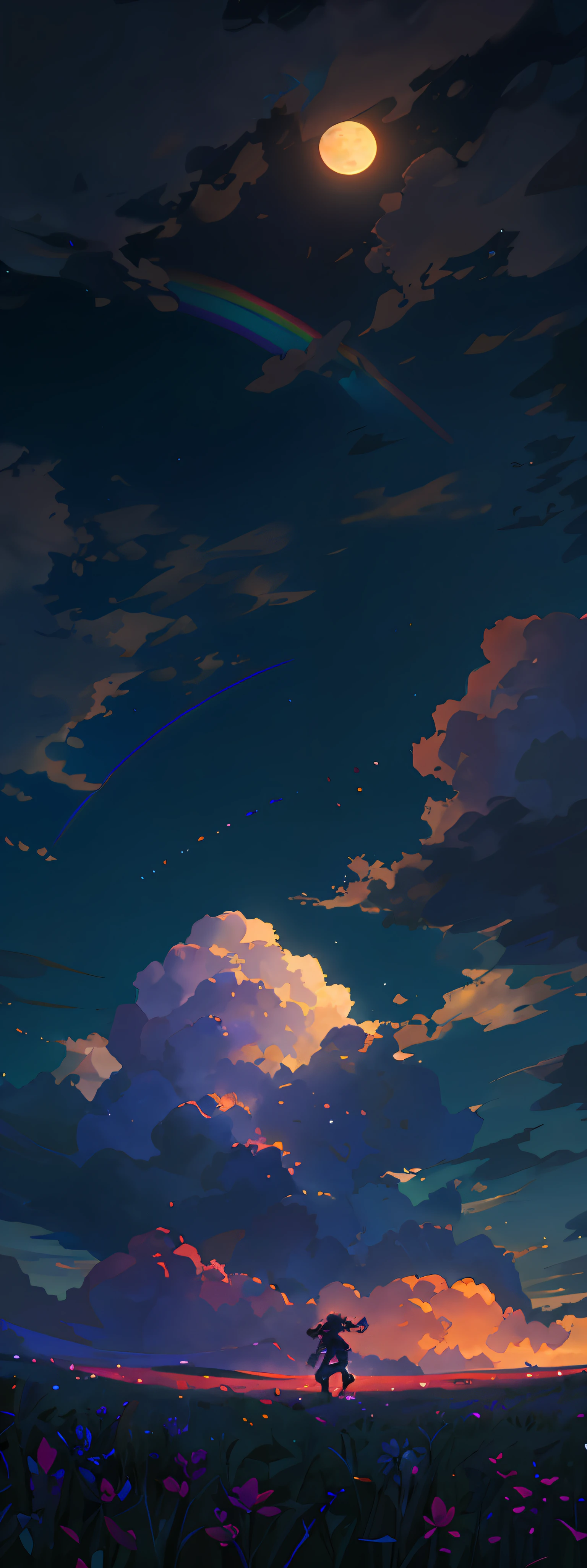 A wide landscape photo, (viewed from below, the sky is above, and the open field is below), a girl standing on a flower field looking up, (full moon: 1.2), (meteor: 0.9), (nebula: 1.3), distant mountains , Trees BREAK Crafting Art, (Warm Light: 1.2), (Firefly: 1.2), Lights, Lots of Purple and Orange, Intricate Details, Volumetric Lighting BREAK (Masterpiece: 1.2), (Best Quality), 4k, Ultra Detailed, (Dynamic Composition: 1.4), Rich in Detail and Color, (Rainbow Color: 1.2), (Glow, Atmospheric Lighting), Dreamy, Magical, (Solo: 1.2)