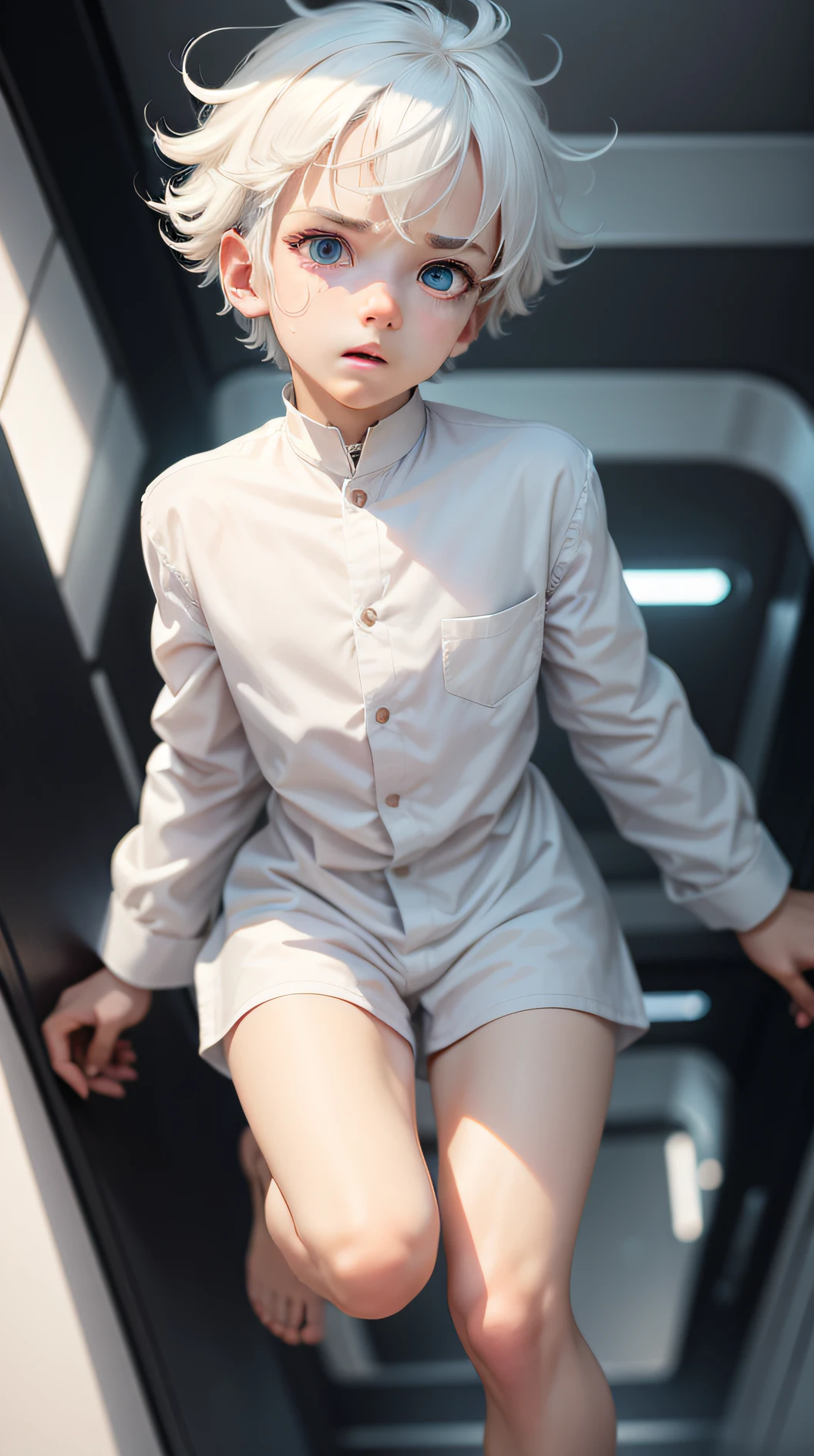 lovely boy, cute feet, cute face, white hair, scared, nervous, Futurism, UHD, masterpiece, super detail, high details, high quality