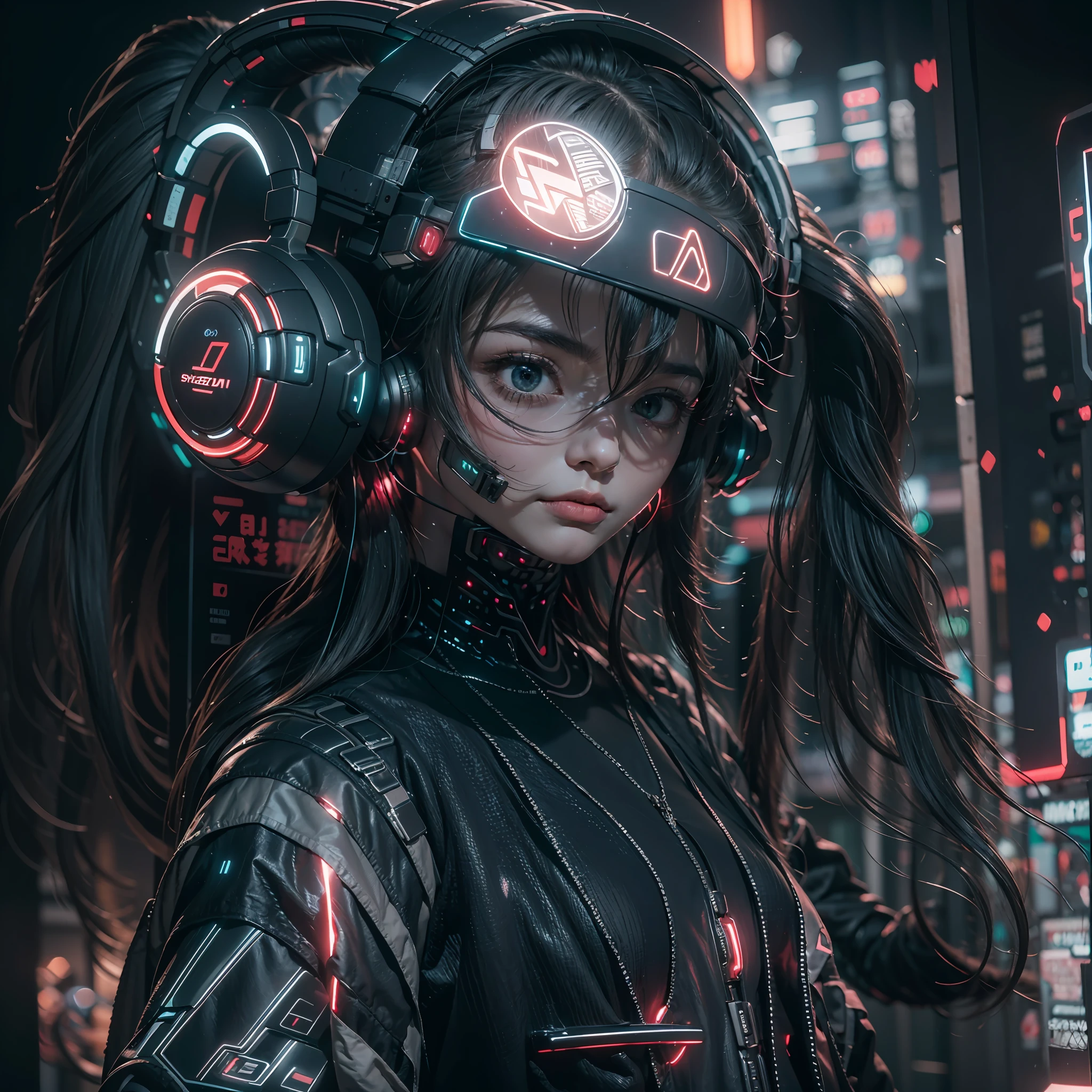 1girll，Perfect facial features，delicated face，(((Clean face)))，(cyber punk perssonage:1.3)，Bring headphones，Illuminated helmet and headphones，glowing jewelry，Glowing earrings，Glowing necklace，inside in room，Electronic wire background，best qualtiy，tmasterpiece，Movie filter presets，movie level lighting，c4d渲染，rendering by octane，with light glowing，High chiaroscuro，