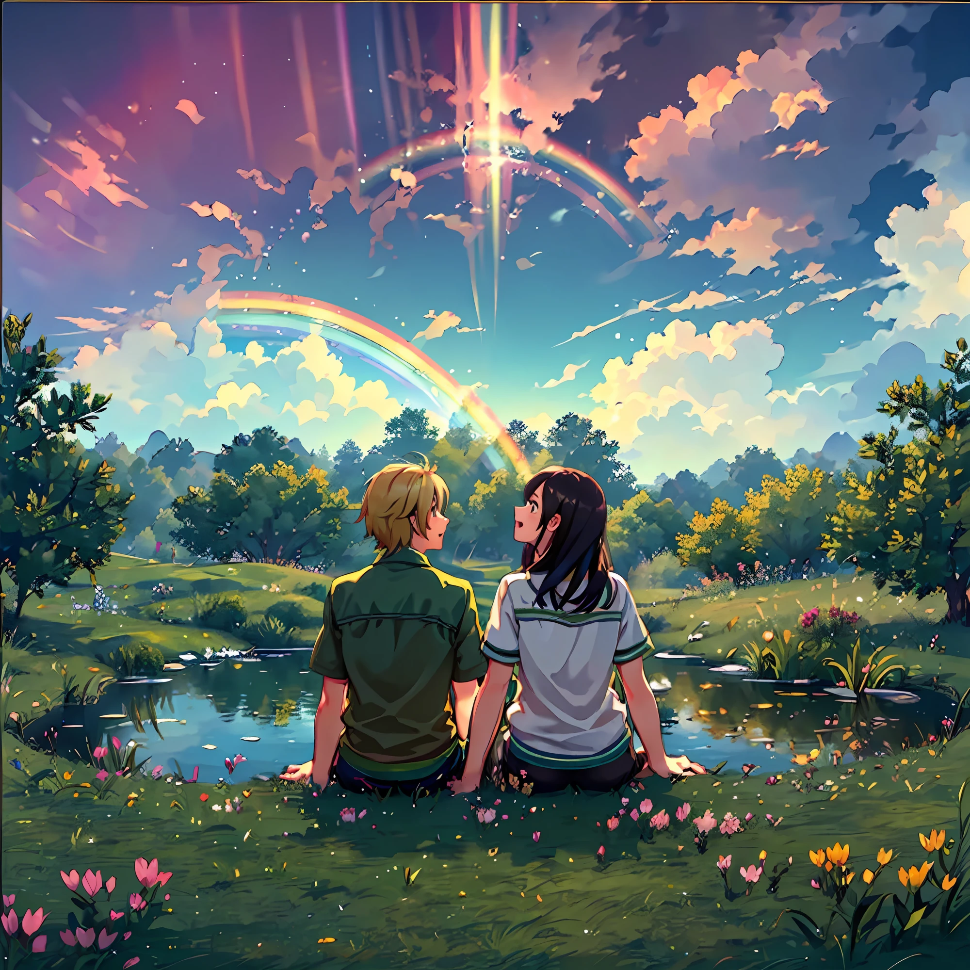 /imagine prompt: An older girl and a young boy sitting on a green grass field, the girl pointing towards the distance, both their eyes fixed on the same direction. In the distance, there is a pond where a small frog is jumping, its mouth slightly open as if singing. A magnificent rainbow appears in the sky, spanning across the entire horizon,