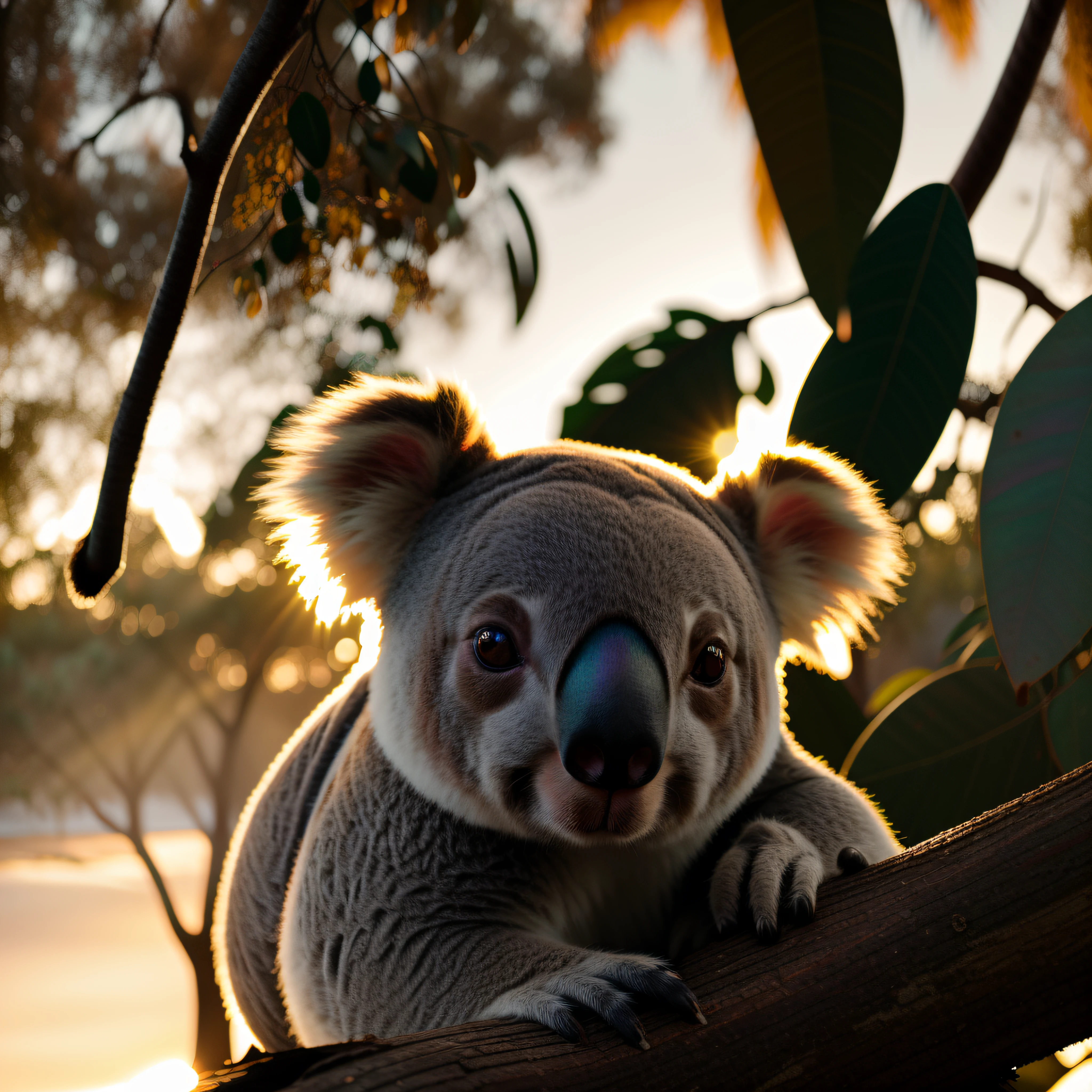 realistic photography of a koala on a eucalyptus branch with a rainbow and a sunset, reflection light, Nikon, 35mm, Fujifilm, Fujicolor, god rays, lens flare, 8k, super detail, ccurate, best quality, award winning