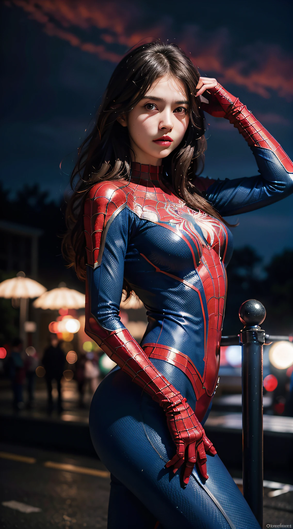 (wearing spiderwoman_cosplay_outfit:1.1), in front of a sky, (red and blue outfit:1.3),
good hand,4k, high-res, masterpiece, best quality, head:1.3,((Hasselblad photography)), finely detailed skin, sharp focus, (cinematic lighting), night, soft lighting, dynamic angle, [:(detailed face:1.2):0.2], medium breasts, outside,