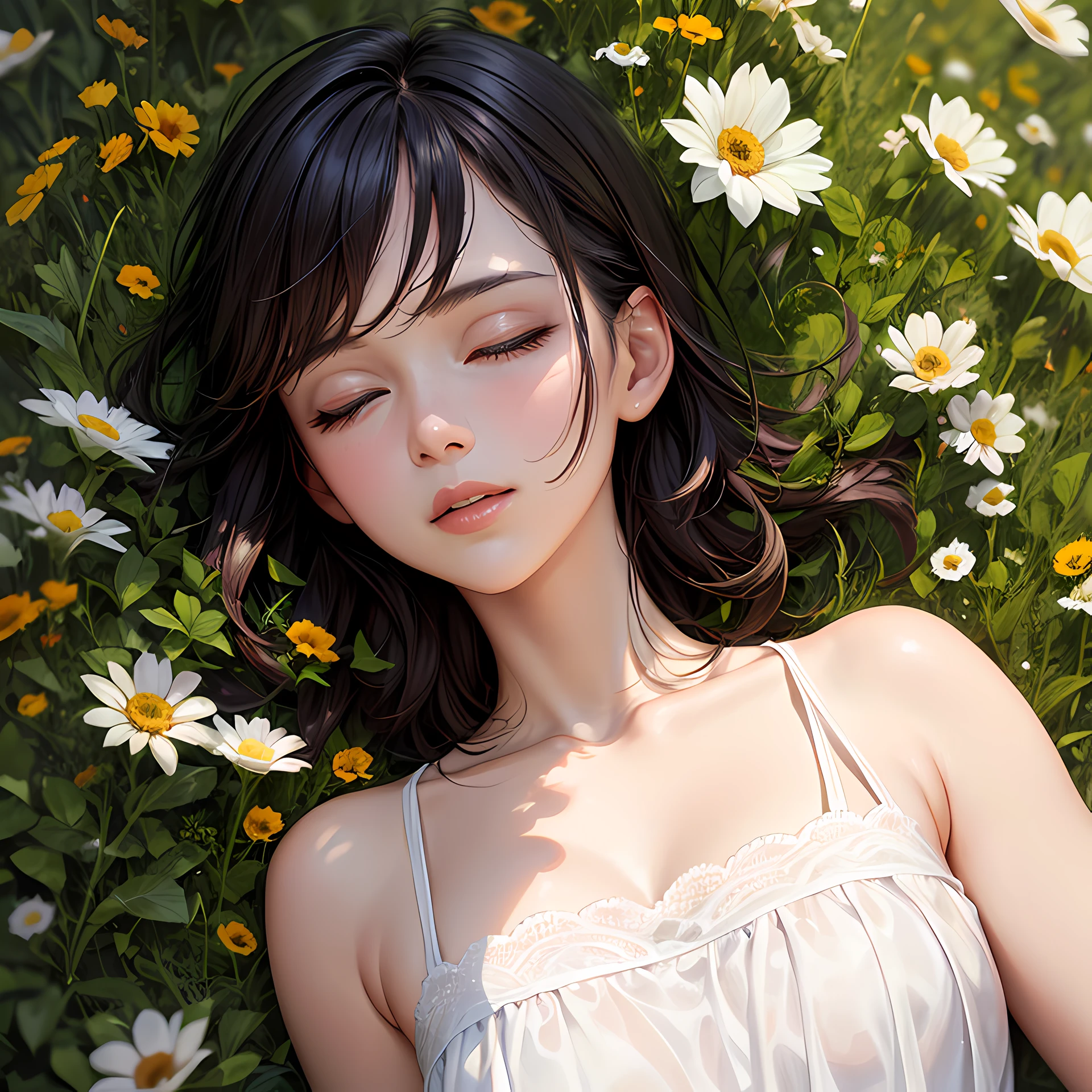 (masterpiece, best quality), photorealistic illustration, from above, mature woman, summer light dress, lawn, picnic, taking a nap, flower wall, colorful, darl background, complementary colors theme,