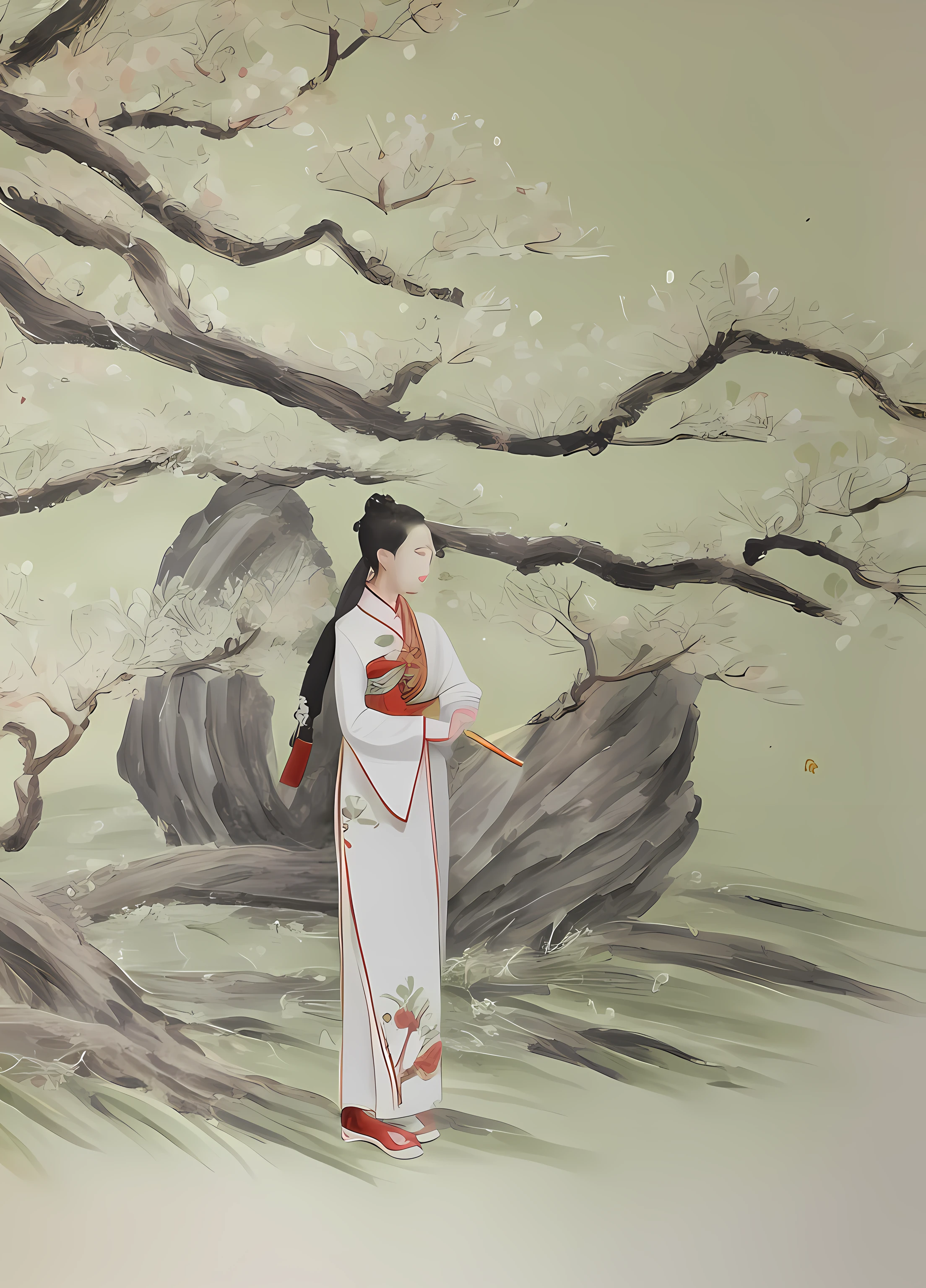 Painting a woman dressed in traditional Chinese dress standing under a tree, Traditional Chinese painting, Inspired by Qiu Ying, ancient chinese beauti, Chinese style painting, Traditional Chinese art, inspired by Yun-Fei Ji, Chinese painting, inspired by Tang Yin, old chines painting, Chinese art, inspired by Wang Yuanqi, inspired by Yun Shouping