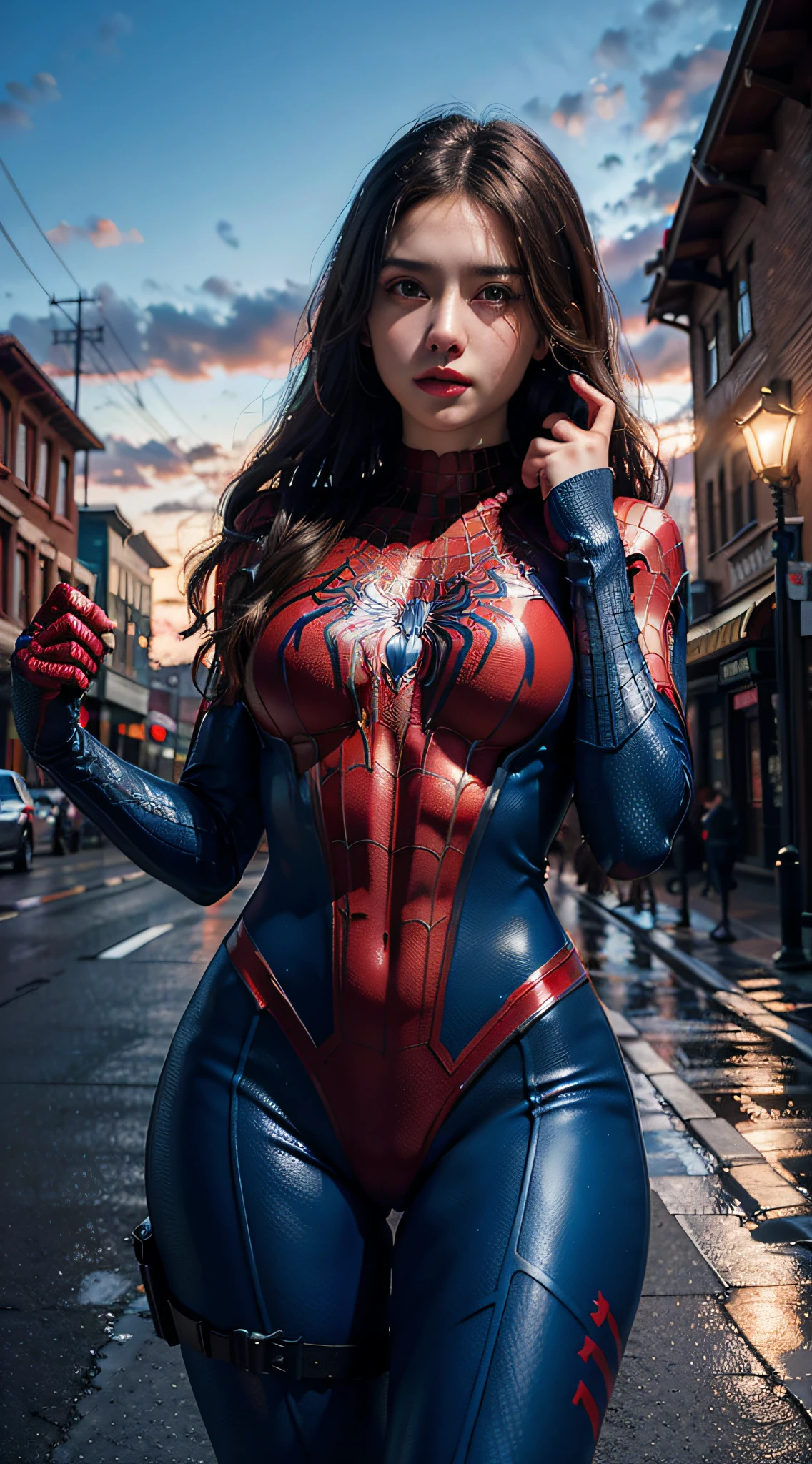 (wearing spiderwoman_cosplay_outfit:1.1), in front of a sky, (red and blue outfit:1.3),
good hand,4k, high-res, masterpiece, best quality, head:1.3,((Hasselblad photography)), finely detailed skin, sharp focus, (cinematic lighting), night, soft lighting, dynamic angle, [:(detailed face:1.2):0.2], medium breasts, outside,