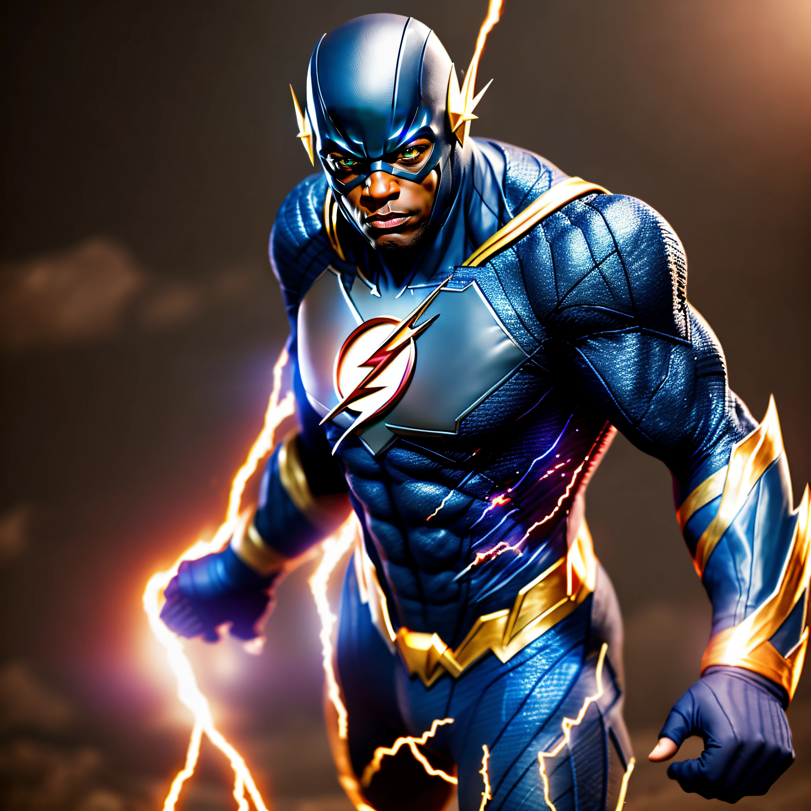 Create ultra realistic justice league black African american Flash character, perfect lighting high resolution 8k realism