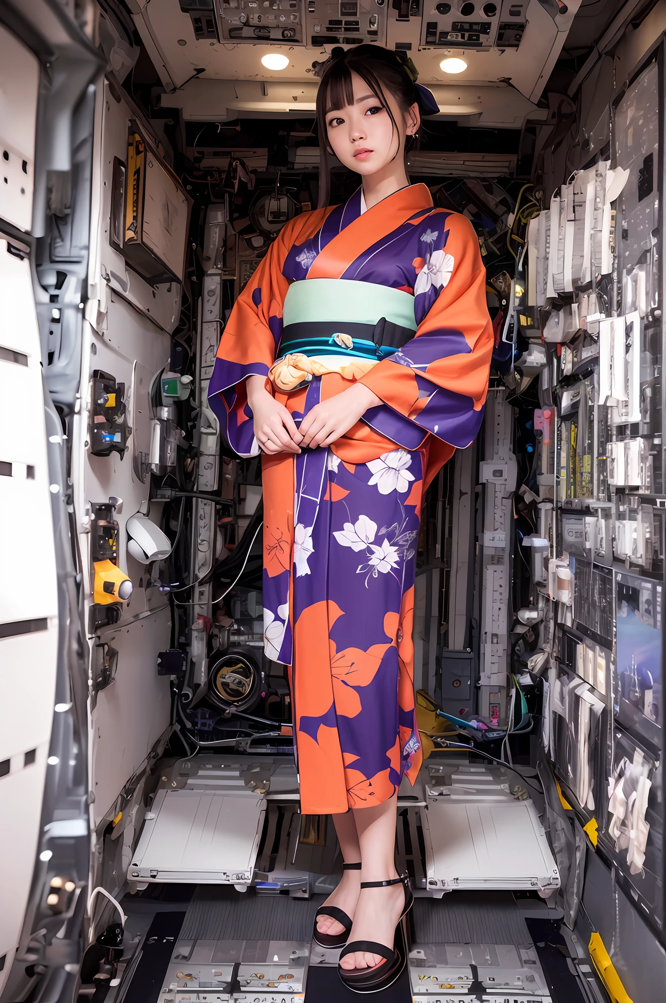 top-quality、masterpiece、超A high resolution、(Photorealsitic:1.4)、Raw photo、((super realistic details))、portlate、octan render、8K、ultrasharp、(((Inside the space station)))、((((Woman in beautiful traditional yukata))))、Longhaire、Operation of machinery、pilot、You can see the universe outside the window、Inside the spacecraft、Electronics、shoji、Anatomically fully realistic human form、cyberpunked、Switches、Countless switches、Inside a beautiful command room like a sci-fi movie、cockpit、(((Warm colors)))、darkened room、beret、Impersonation face、Sandals、(((((cockpit)))))、Looking at the camera、Legs are closed