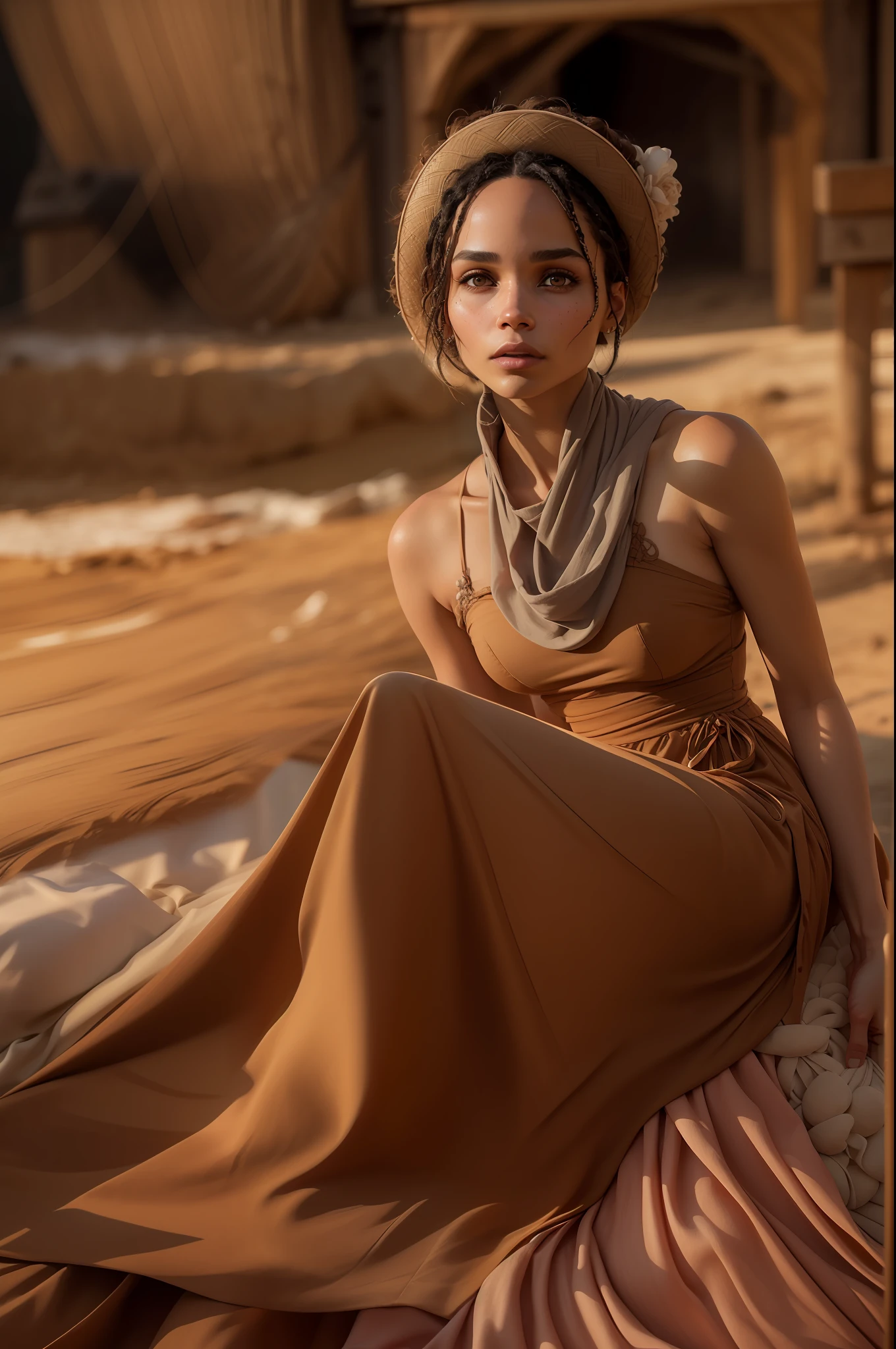 ((Zoe Kravitz guckt neugierig)), ((sie geht in einer Savanne)), ((die Sonne geht auf)), ((she wears a long brown dress made of cotton)), ((long dress)), ((she has round breasts)), (kleiner Kopf), ((detailliertes Gesicht)), Weiches filmisches Licht, ((((Kino-Look)))), (fotorealistisch), (Raytracing), (scharfer Fokus), ((natural realistic skin texture)), detailliertes Gesicht, detaillierte Lippen, detaillierte Augen, doppeltes Augenlid