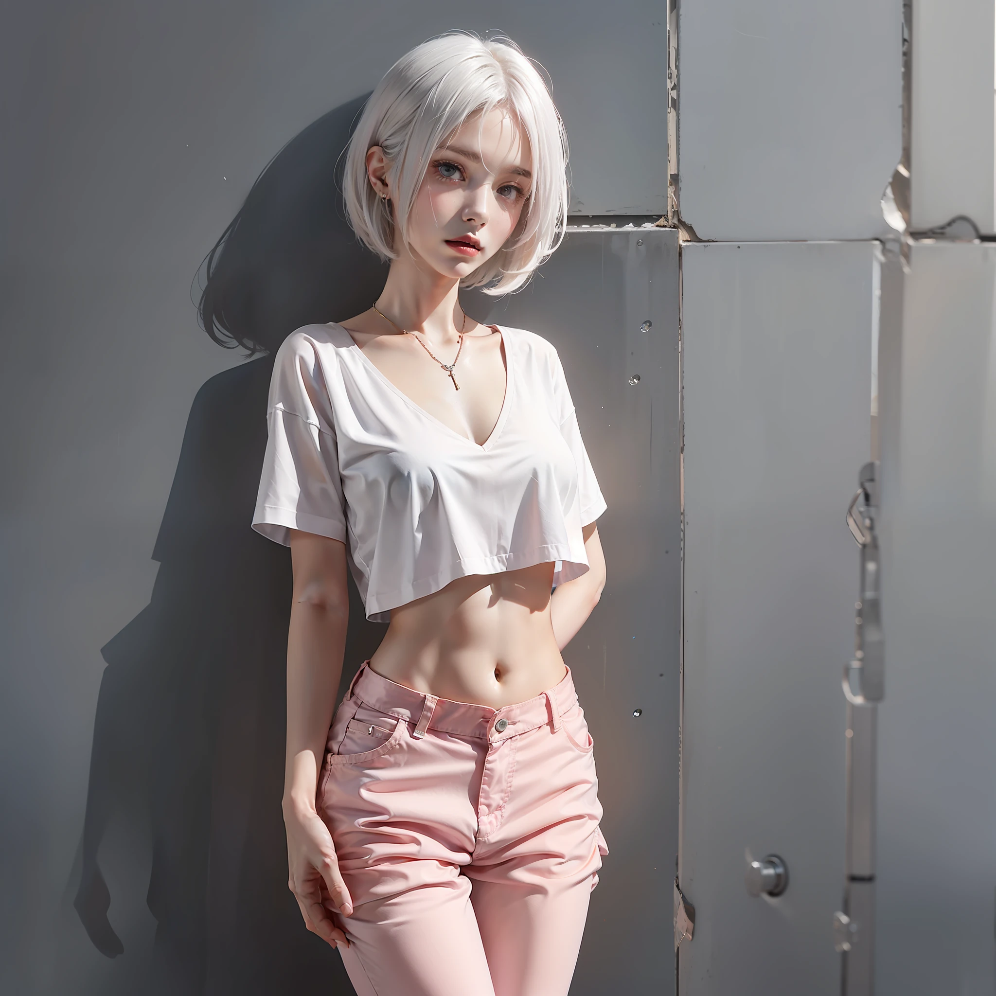 24 years old female model,a matural female,White colored hair,White leaky belly top,Pink trousers,Particularly shiny,Short hairstyle,Cover your chest with your left hand,The stands up,Cover your thighs with your right hand,Place your right hand on your waist,leaning-forward,Inner eight,White collar