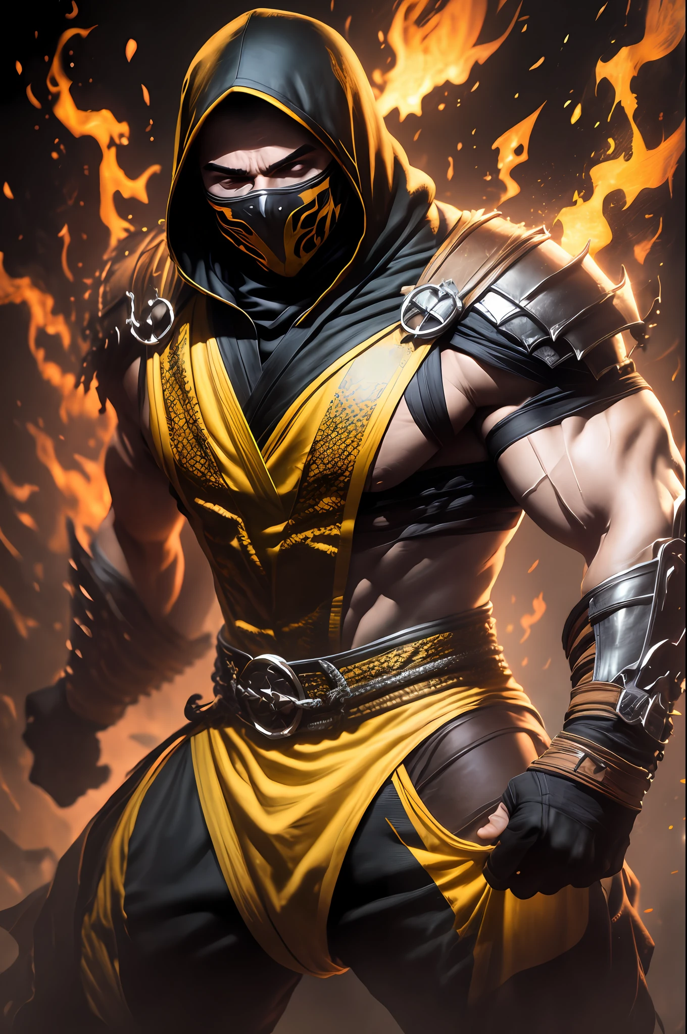 1 man, solo, Scorpion, mortal kombat, tall, muscular, hunk, yellow and black face mask, wearing orange-ish yellow and black ninja clothes, yellow fabric hood, fire in the background, upper body shot, best quality:1.2, high resolution:1.2, masterpiece, low camera angle, detailed outfit, shadows, volumetric lighting, landscape of hell in the background