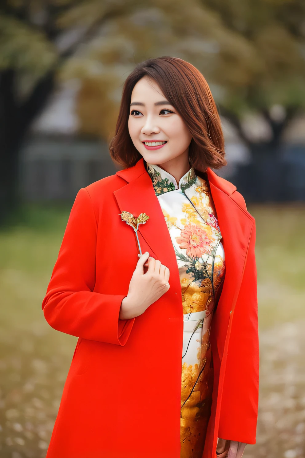 Allard woman in a red coat and floral dress, in style of lam manh, Wearing a red cheongsam, ao dai, dang my linh, inspired by Cui Bai, vietnamese woman, inspired by Liu Haisu, Cheongsam, inspired by Lü Ji, inspired by Tang Di, wearing red attire, Lady，4k画质，Ultra HD face detail，Textured skin，HighestQuali，Vertical painting shadows，atmospheric distance sense，Smile confidently，65-year-old middle-aged woman --auto