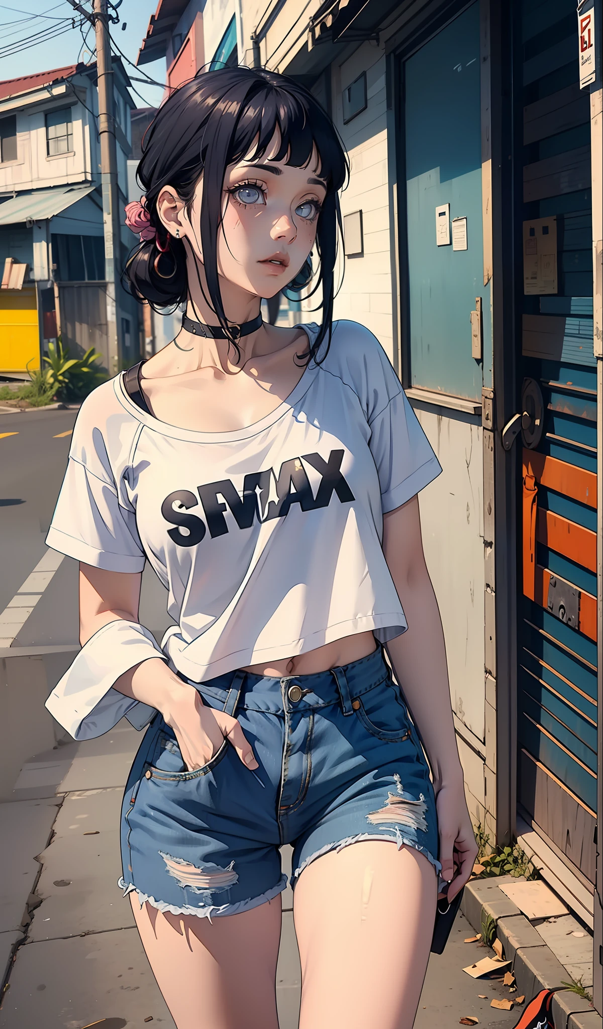Hinata Hyuga, muito sensual, com roupas de funkeira Lacoste, Oakley Juliet, brasileira, na cidade do rio de janeiro, Brasil, dancing funk, rebolando, bunda grande, pernas grossas, usando um short jeans extremamente curto, showing a piece of ass, Micro Short Curto, usando uma mini blusa, umbigo com pirsing, sneakers Nike, cabelo comprido, caixa de som JBL no fundo, favela no fundo, periferia no fundo, corpo inteiro, muito realista, extremamente Realista, extremamente sexy, 8k, 8k extremamente detalhado), (um extremamente delicado e bonito), (obra-prima), (melhor qualidade: 1.0), (ultra highres:1.0)