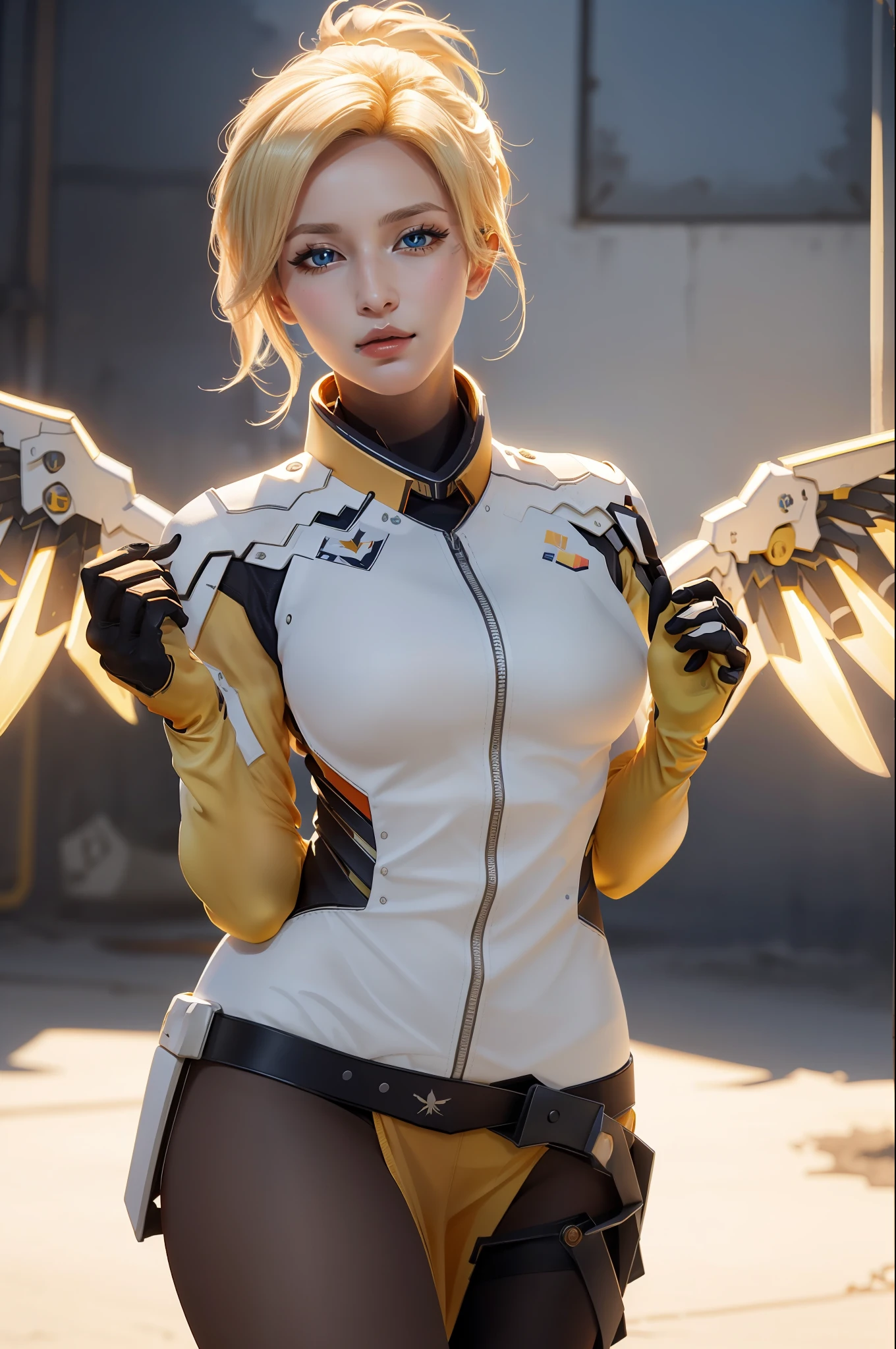 (masterpiece, best quality),  intricate details,
1girl,    1girl, solo, mercy (overwatch), mechanical halo, breasts, blue eyes, blonde hair, pantyhose, mechanical wings, wings, halo,  holding, bodysuit, cowboy shot,  yellow wings, brown pantyhose, lips, gloves, pelvic curtain, black gloves,