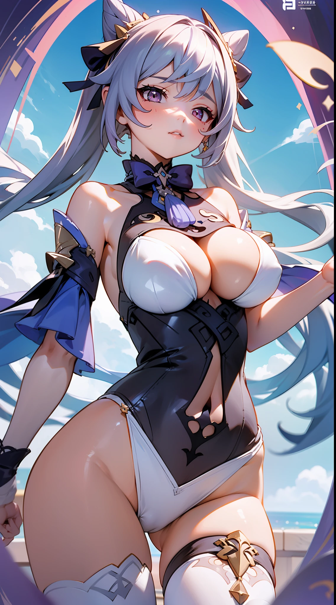 keqing(Genshin Impact),with blue sky and white clouds，Comic cover style，Premium comic titles，self-shot，Expose abs，Slim figure，cropped shoulders，huge tit，White dress at the bottom，Mesh garment，Fleshy thighs，Below the waist are mesh stockings，Masterpiece，hyper-detailed face，Deep rendering