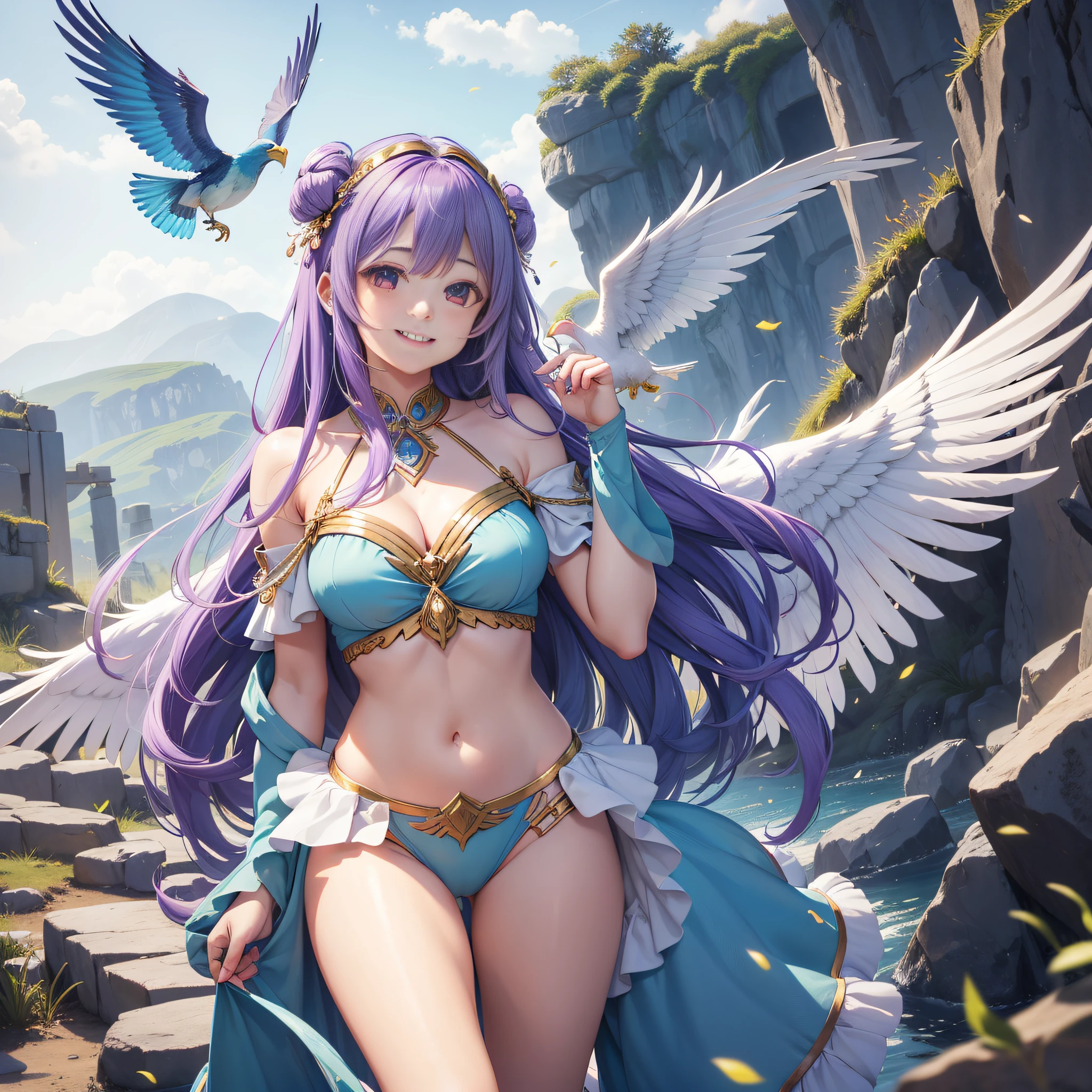 Smiling expression Carefree smile Opa
personification femele hposing Gravure Idol a beauty girl Mystical Fictional creatures chimera
Hair is purple
Giant bird
Companion of the goddess of hunting
Fight heroes
Symbol of fertility
Similarities with Phoenix
Legends of ancient Greece
Greek mythology
Relevance to nature
Symbol of immortality
Culture of Ancient Greece
jump