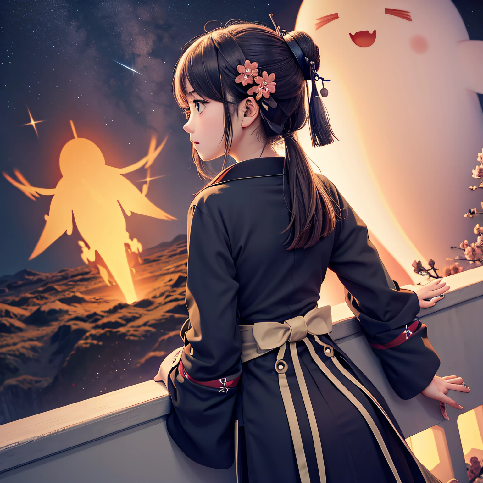 1girl, a distant girl in a kimono staring at the stars, (zoomed out: 1.1), (meteor shower: 1.2), (comet: 1.1), your name, low angle, from behind, northern lights, shooting stars, yukata, red kimono, cherry blossoms, Standing in the field, best quality, masterpiece, cloud, colorful, starry, stars,