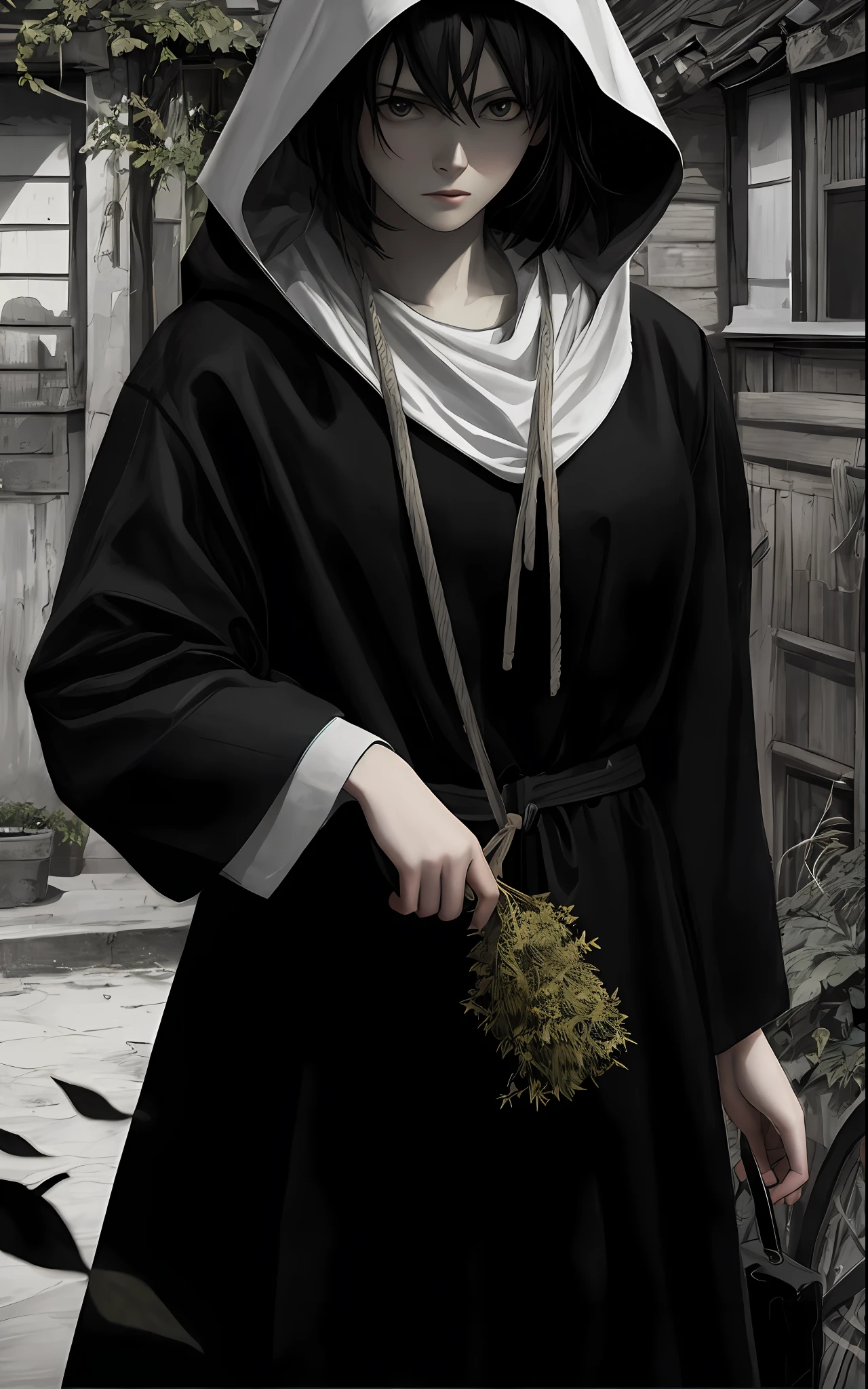 Sharp, 8K, Trending on ArtStation, an intricate, Pattern, Realistic fantasy, 7K,A hyper-realistic, hyper-detailing, analog style, The wind is looking for leaves, The leaves are twisted, The leaves fall off, , humble, low cut, An old cloak, detailed skin, Matte skin, soft-lighting, sub-surface Scattering, Realistic, Heavy shadow, Masterpiece, Best Quality, ultra realistis, 8K, the golden ratio, Intricate, high detail, Film photography, soft focus, Lonely girl in a raincoat with a hood on her head, An old scarf, wrapped around the head, Detailed appearance, Четкость 8 K, A huge loose rope weighs in front, In his hands, He's holding a huge rope, A whirlwind of leaves beneath your feet, BREAK , Illustrate a monochromatic world with the addition of green, Use only shades of black, White & gris, To convey depth, Emotions and striking visual impact. Landscapes."street fighter", in the style of 0MIB, many people, slums