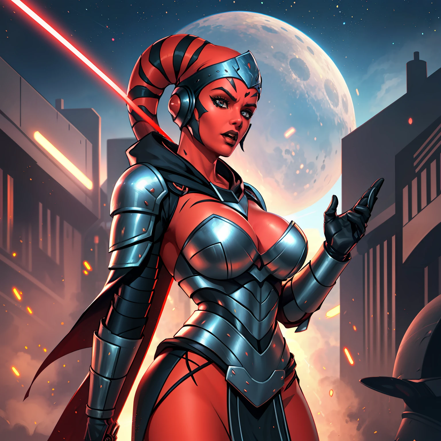 1girl, action scene, fighting, lasers, explosions, dynamic action, masterpiece, best quality, high-definition, armor, busty, ((red skin), twi'lek), dual red lightsabers, evil space knight, space ninja, (wearing black robes, black stealth armor, breastplate, tunic, tabard, cowl, cloak, body glove, straps, buckles, skirts, long sleeves, fantasy, ((armor)), ((busty)), slender body, thin, slim sexy body, slim waist, ((gigantic breasts))), Imperial starship, Star Wars,