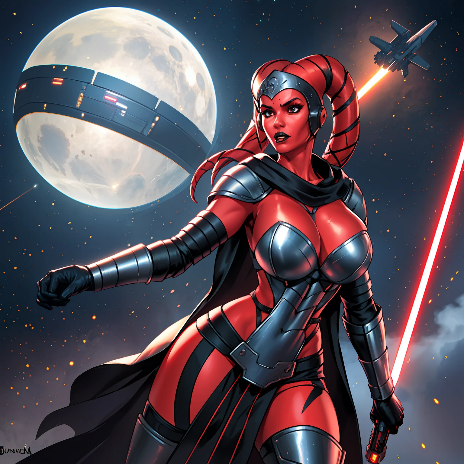 1girl, action scene, fighting, lasers, explosions, dynamic action, masterpiece, best quality, high-definition, armor, busty, ((red skin), twi'lek), dual red lightsabers, evil space knight, space ninja, (wearing black robes, black stealth armor, breastplate, tunic, tabard, cowl, cloak, body glove, straps, buckles, skirts, long sleeves, fantasy, ((armor)), ((busty)), slender body, thin, slim sexy body, slim waist, ((gigantic breasts))), Imperial starship, Star Wars,