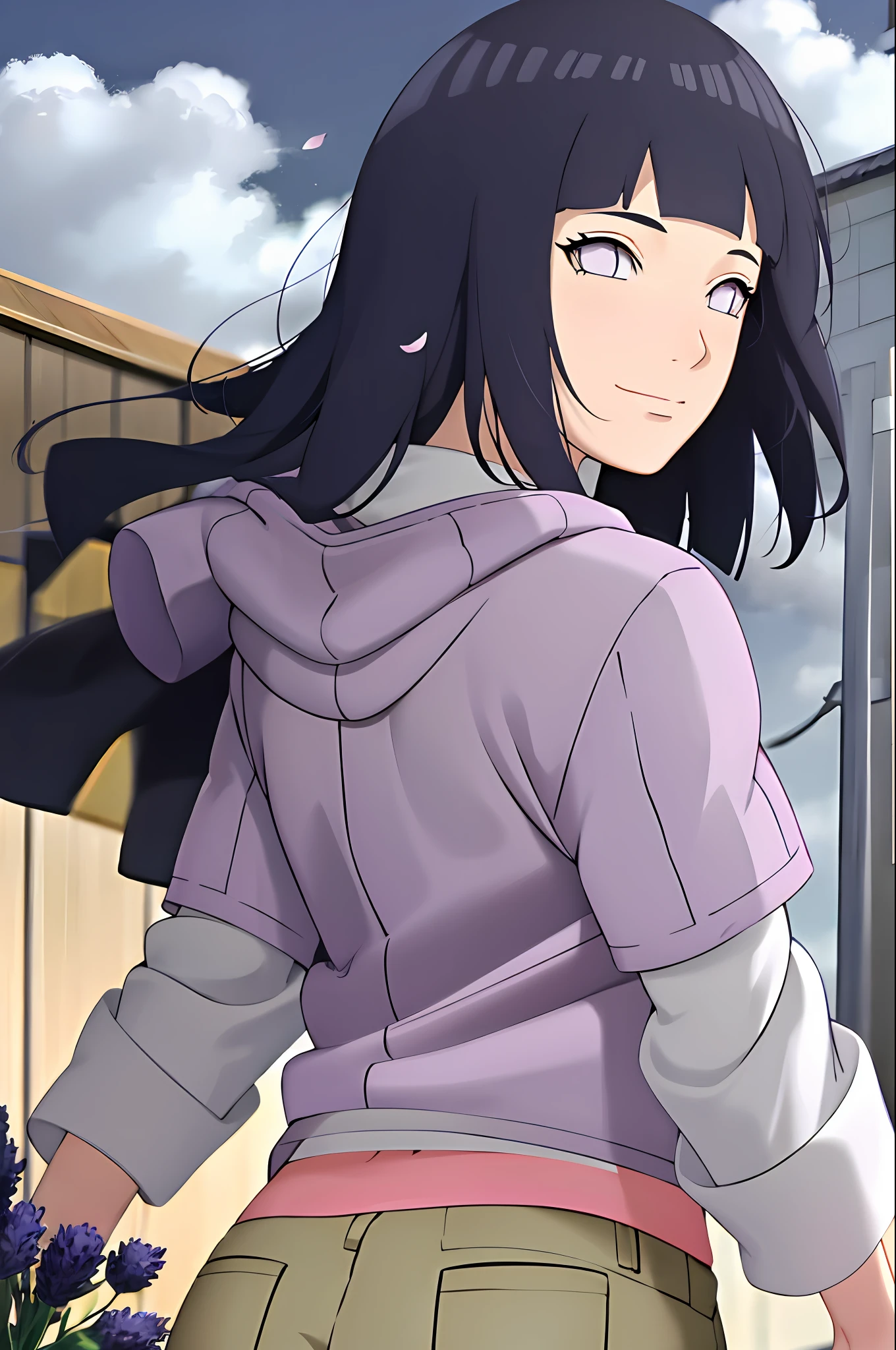 masterpiece, absurdres , (intricate details), (colorful),cinematic lighting,extremely detailed CG unity 8k wallpaper ,hinata\(boruto\), 1girl, solo, purple hoodie ,brown pants, from behind,layered sleeves, cowboy shot, looking back, looking at viewer,smile, outdoors, lavender flower field,flower, day, cloudy sky, wind, floating hair, falling petals