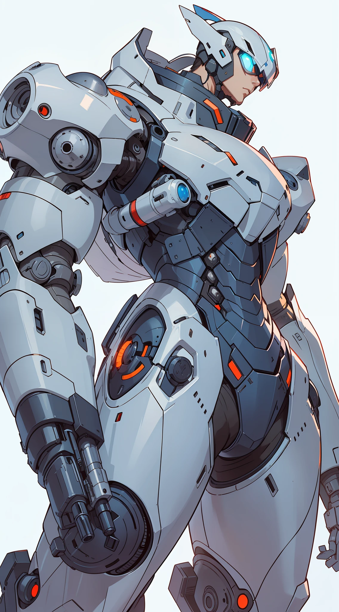 Sleek and minimalist mecha with smooth and flowing lines,front shot,full, shot,navy space suit in dark colors, The structure covered with metal armor plates resembles, glowing veins