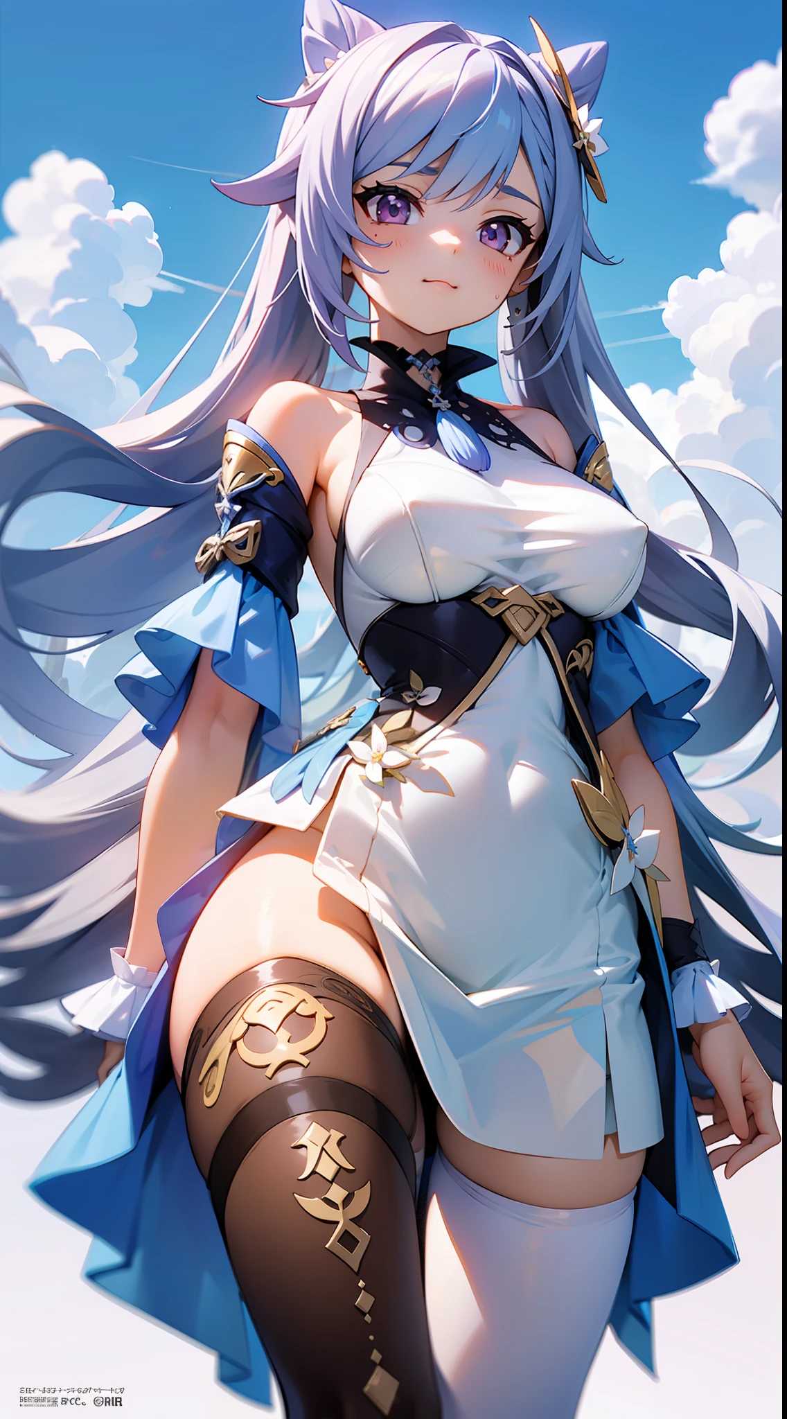 Keqing(Genshin Impact),with blue sky and white clouds,rainbowing,Comic cover style,Premium comic titles,self-shot,Expose abs,Slim figure,cropped shoulders,huge tit,White dress at the bottom,Mesh garment,Fleshy thighs,Below the waist are mesh stockings,Masterpiece,hyper-detailed face,Deep rendering