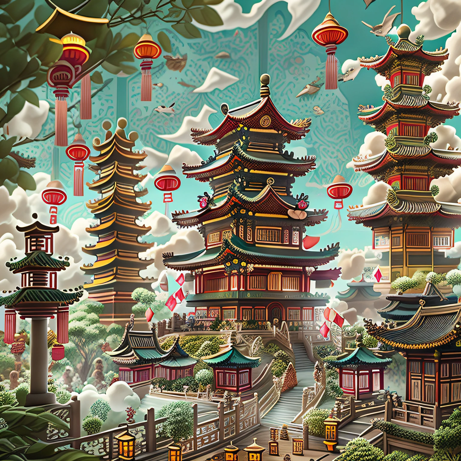 buliding, east asian architecture, scenecy, lanterns, pagoda, exteriors, Skysky, paper lanterns, clouds, The bird, build, The tree, standing on your feet, mont, bru, halter, multipel Girls, masterpiece, high details, super detail, super detail, super detail, high quality
