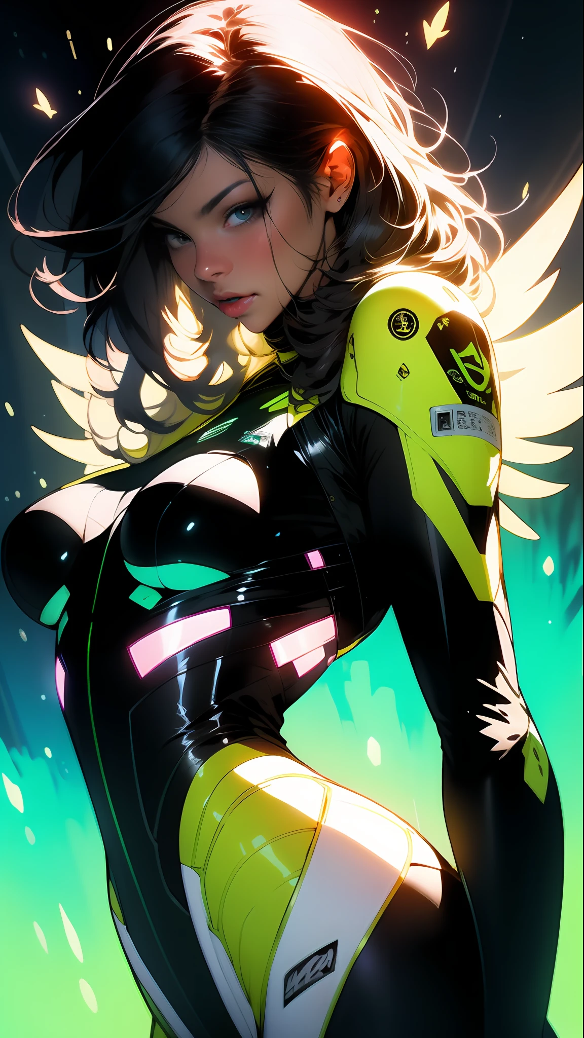 ((La mejor calidad)), ((Obra maestra)), (Detallado: 1.4), (absurdo), Brazil's Indigenous Female Fighter Pilot Ready for War, dark skin, con una pluma en la cabeza, typical ornaments of the natives of Brazil, defined muscular sculptural body, muslos desnudos medio gruesos, boca cerrada, muscular body covered by technological clothing, Estilo Neon Genesis Evangelion, cyberpunk, Escote generoso, ((Senos medianos perfectos)), (ojos marrones sin pupilas), ((verde oscuro, amarillo, Ropa azul y blanca)), (((Super smooth and drained full black hair with heavy bangs over the forehead)))), Banda atada en el brazo, long eyelashes heavy makeup, liguero, por mucha, niji --V5, cerca de real, psycho, cara loca, pose sexy, fondo con una cabeza de robot gigante estilo Gundam, Ropa de 2 piezas, shoulder pads with airplane wings on the back, tonos pastel, centrado, Escala para ajustarse a las dimensiones, HDR (High Dymanic Range),Trazado de rayos,NVIDIA RTX,Super-Resolution,Irreal 5,Subsurface dispersion, Textura PBR, Post-procesamiento, Anisotropic filtering, Profundidad de campo, Maximum clarity and sharpness, Texturas multicapa, Albedo y mapas especulares, Sombreado de superficies, Accurate simulation of light-material interaction, proporciones perfectas, Renderizado de octanaje, two-color illumination, Amplia apertura, ISO bajo, balance de blancos, Regla de los tercios, 8K RAW, crysisnanosuit