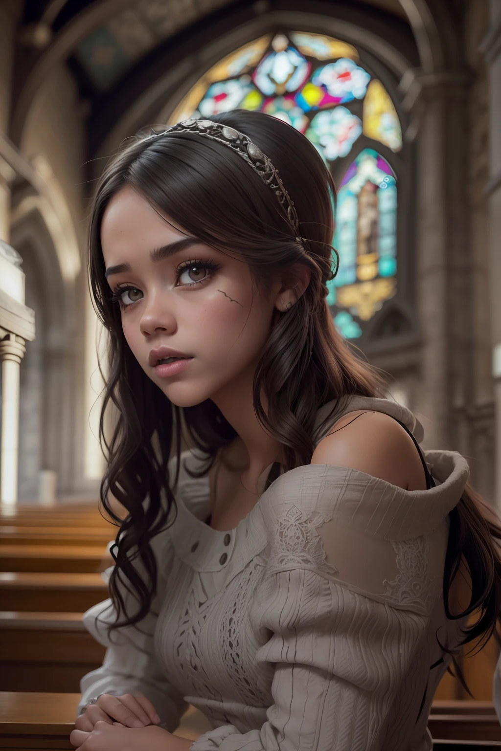 ((Jenna Ortega)), (sie sitzt auf den Steinstufen einer alten gotischen Kirche), ((she has small round breasts)), Gothic aesthetics, (Gothic-Style), ((dunkles Makeup)), (kleiner Kopf), ((detailliertes Gesicht)), Weiches filmisches Licht, ((((Kino-Look)))), (fotorealistisch), (Raytracing), (scharfer Fokus), ((natural realistic skin texture)), detailliertes Gesicht, detaillierte Lippen, detaillierte Augen, doppeltes Augenlid, photorealistic  skin