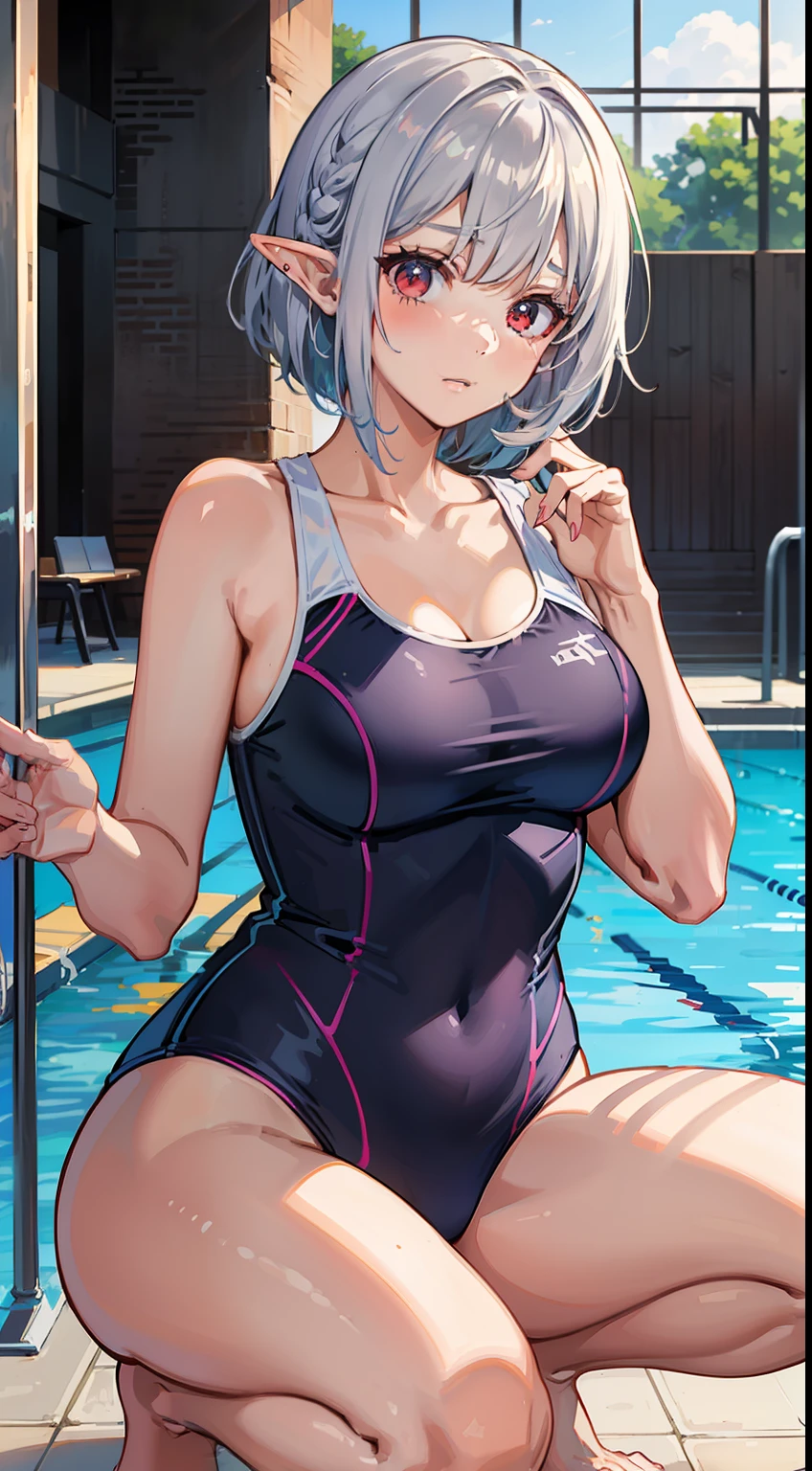 ((Embarrassing)), ((Put your hands on your face)), ((Slouched)), 1 Whole body of a girl, elvish, ((silber hair)), Red Eyes, bob cuts, Braided hair, ((School swim wear)), One Piece Swimsuit, Navy blue swimsuit, squatting, Outdoor pool, slim figure, speculum, gender change, concept-art, beautiful anime scene, Beautiful anime scenery, top-quality, ​masterpiece