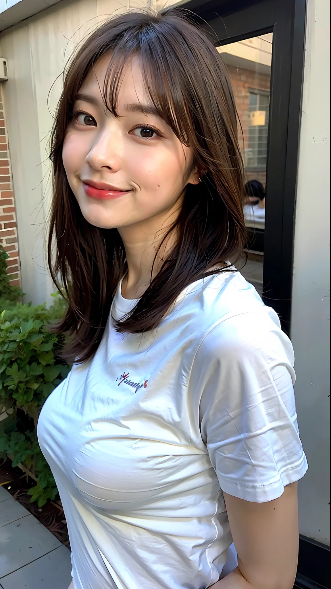 (top-quality、8K、32K、masterpiece、nffsw:1.2)、Cute Japan pictures of married girls、A smile、beauitful face、(Slouched:1.3)、crouching down、(From above:1.2)、(a closeup:1.4)、POV、Loose-fitting T-shirt、large full breasts、(beautiful nipple slips:0.9)、outside of house、the wind、shinny skin、blurry backround、