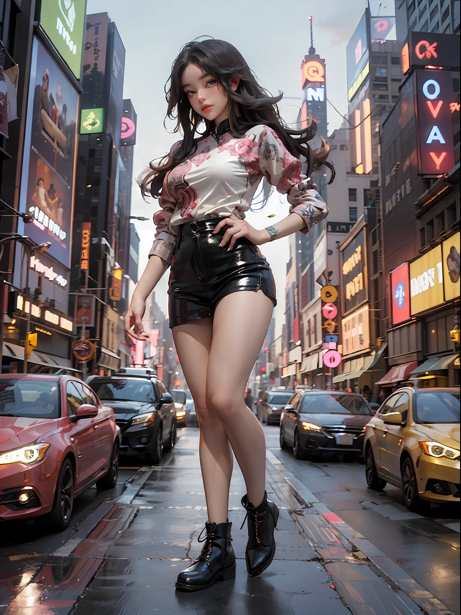 "A young woman in her mid-twenties with mesmerizing and intricate eyes, confidently standing amidst the energetic ambiance of vibrant New York City, captured in a full-body pose."