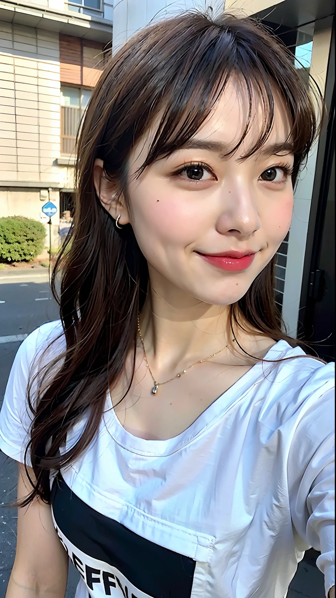 (top-quality、8K、32K、masterpiece、nffsw:1.2)、Cute Japan pictures of married girls、A smile、beauitful face、(Slouched:1.3)、crouching down、(From above:1.2)、(a closeup:1.4)、POV、Loose-fitting T-shirt、large full breasts、(beautiful nipple slips:0.9)、outside of house、the wind、shinny skin、blurry backround、