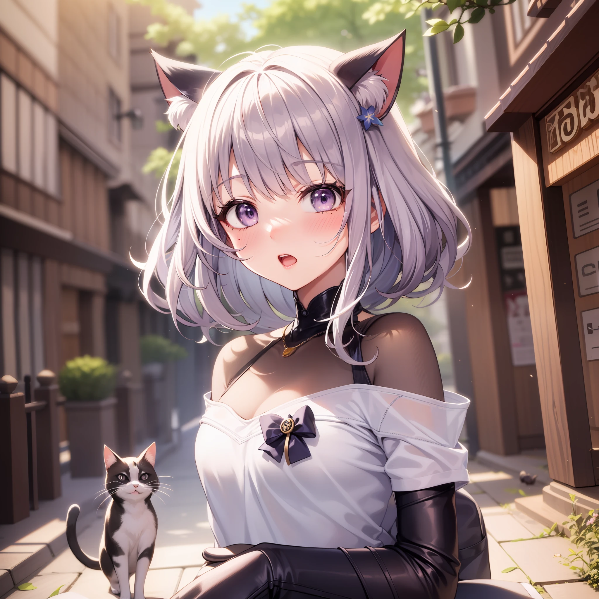Chibi Cat、white backgrounid、A very surprised face、kawaii、white  hair、Bright background、Surprise version、showy、Ride in a convertible、